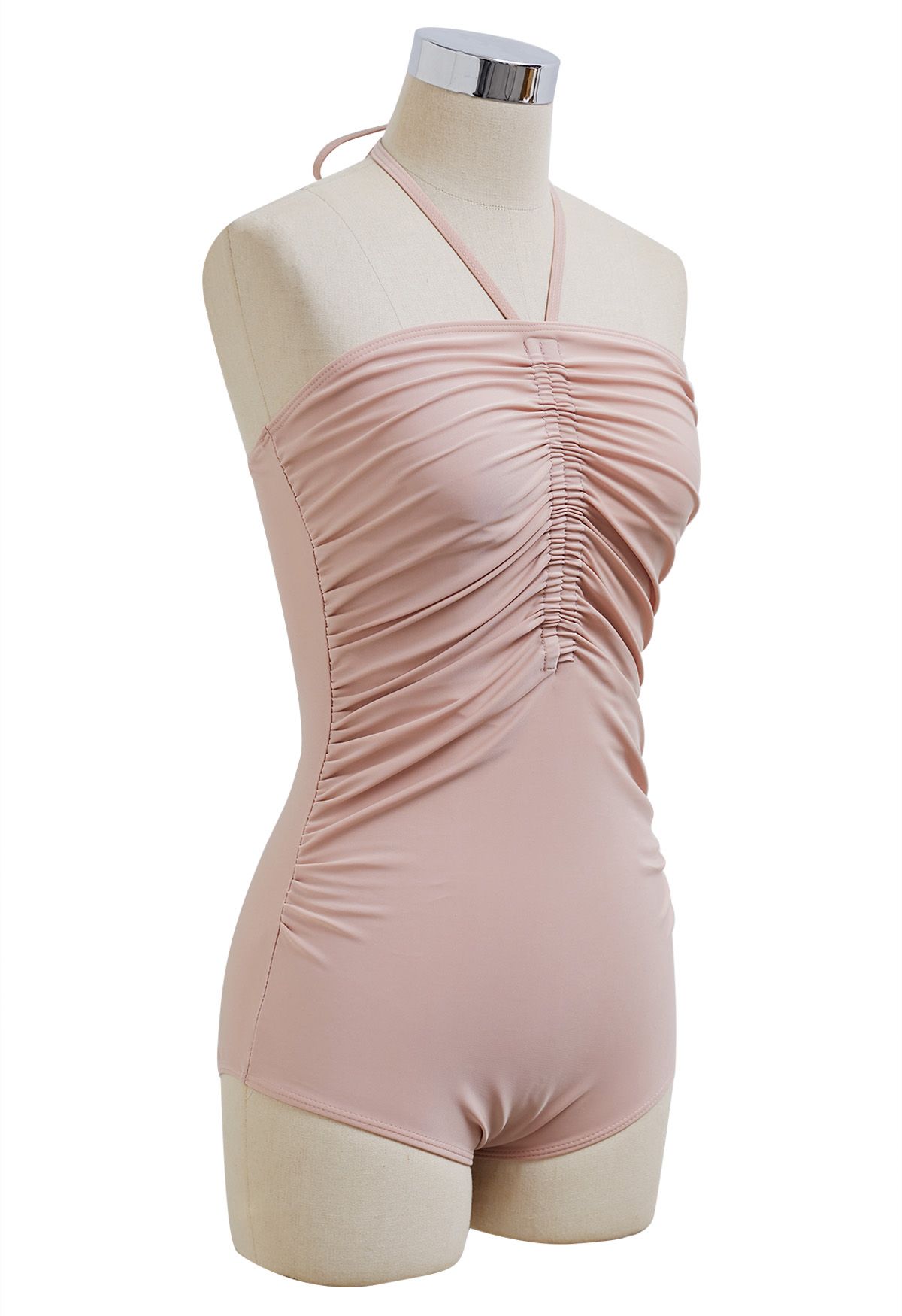 Traje de baño con cuello halter y cordón de color liso en rosa polvoriento