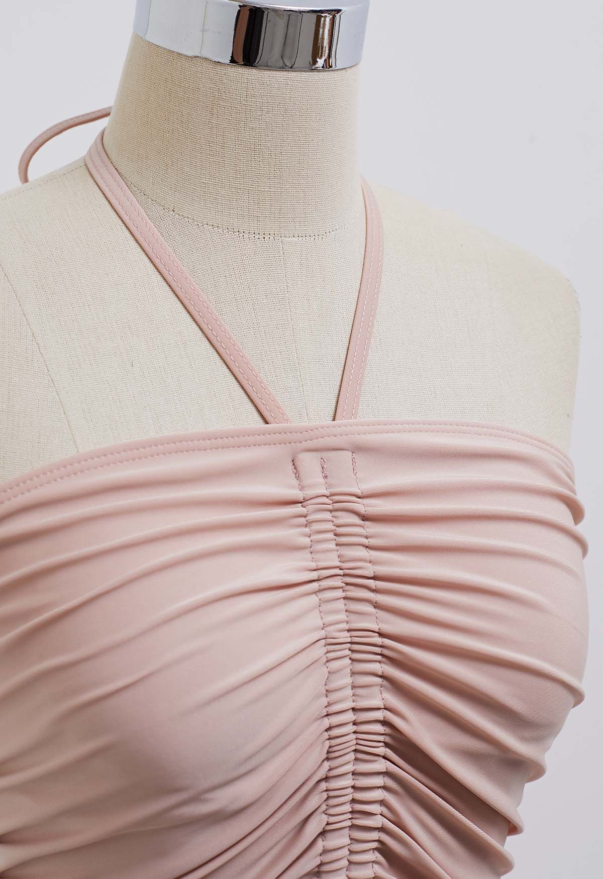 Traje de baño con cuello halter y cordón de color liso en rosa polvoriento