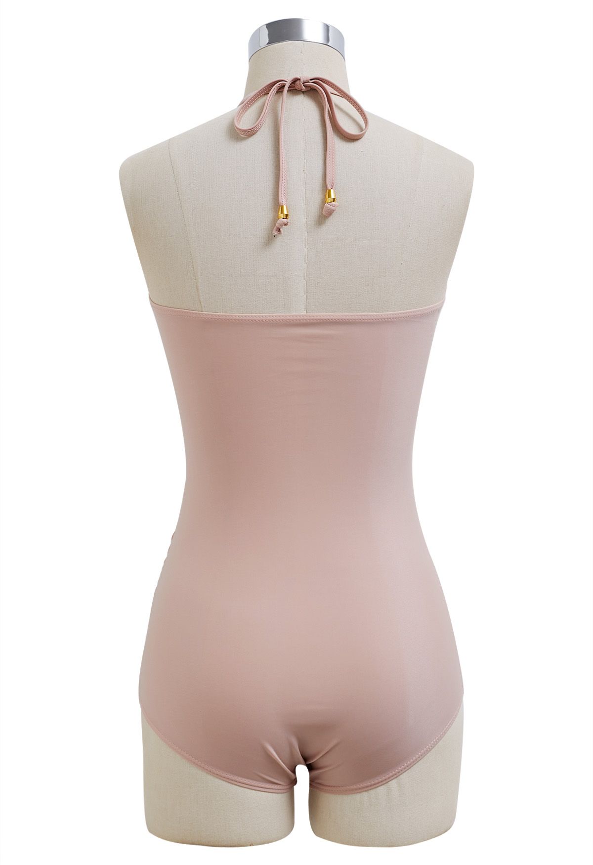 Traje de baño con cuello halter y cordón de color liso en rosa polvoriento