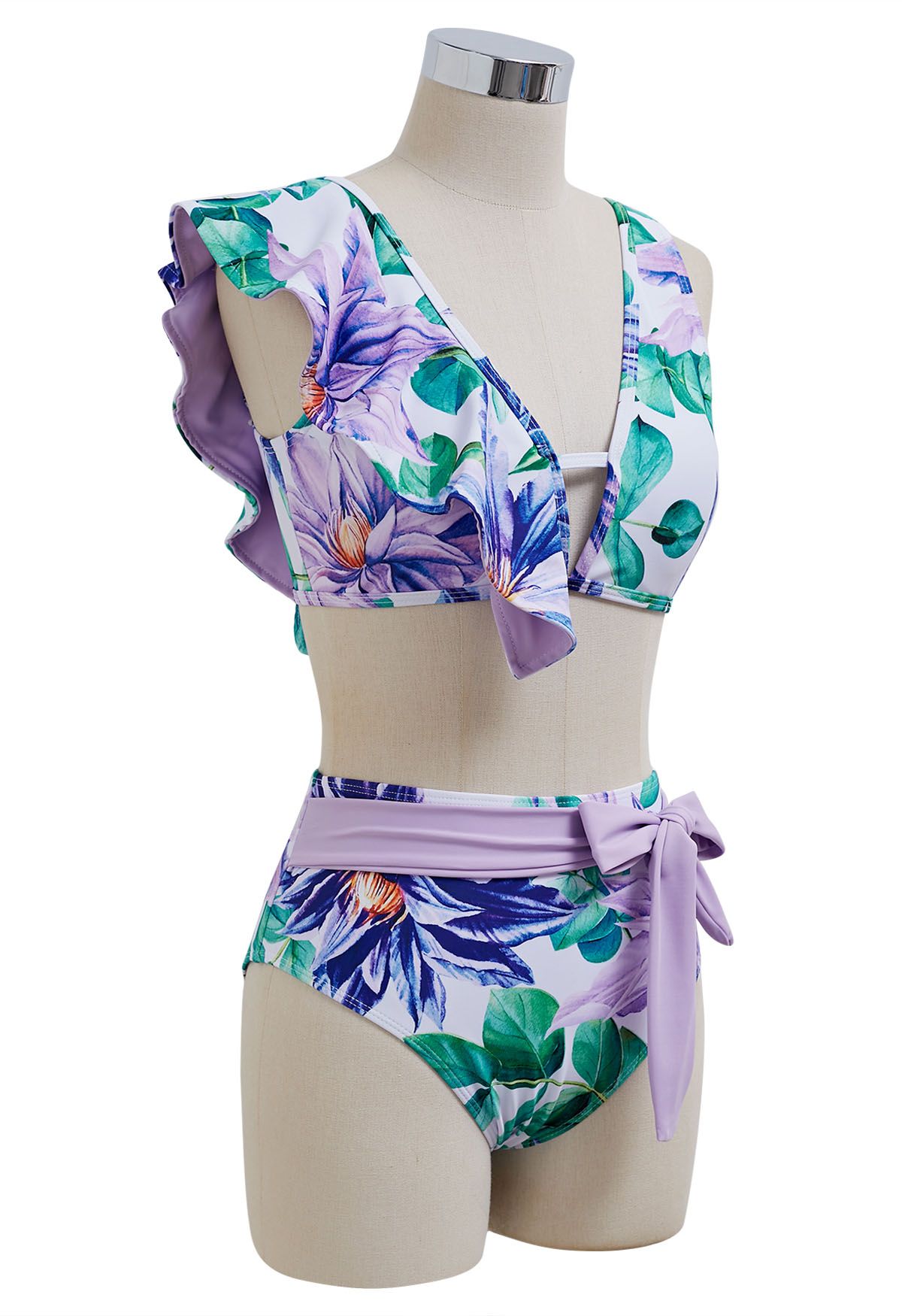 Conjunto de bikini con volantes y estampado floral morado