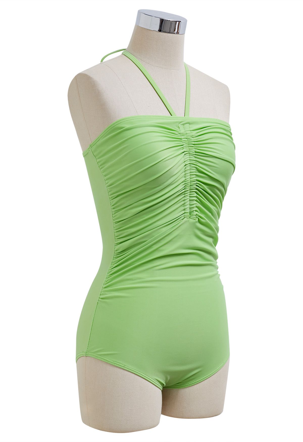 Traje de baño con cuello halter y cordón de color liso en verde