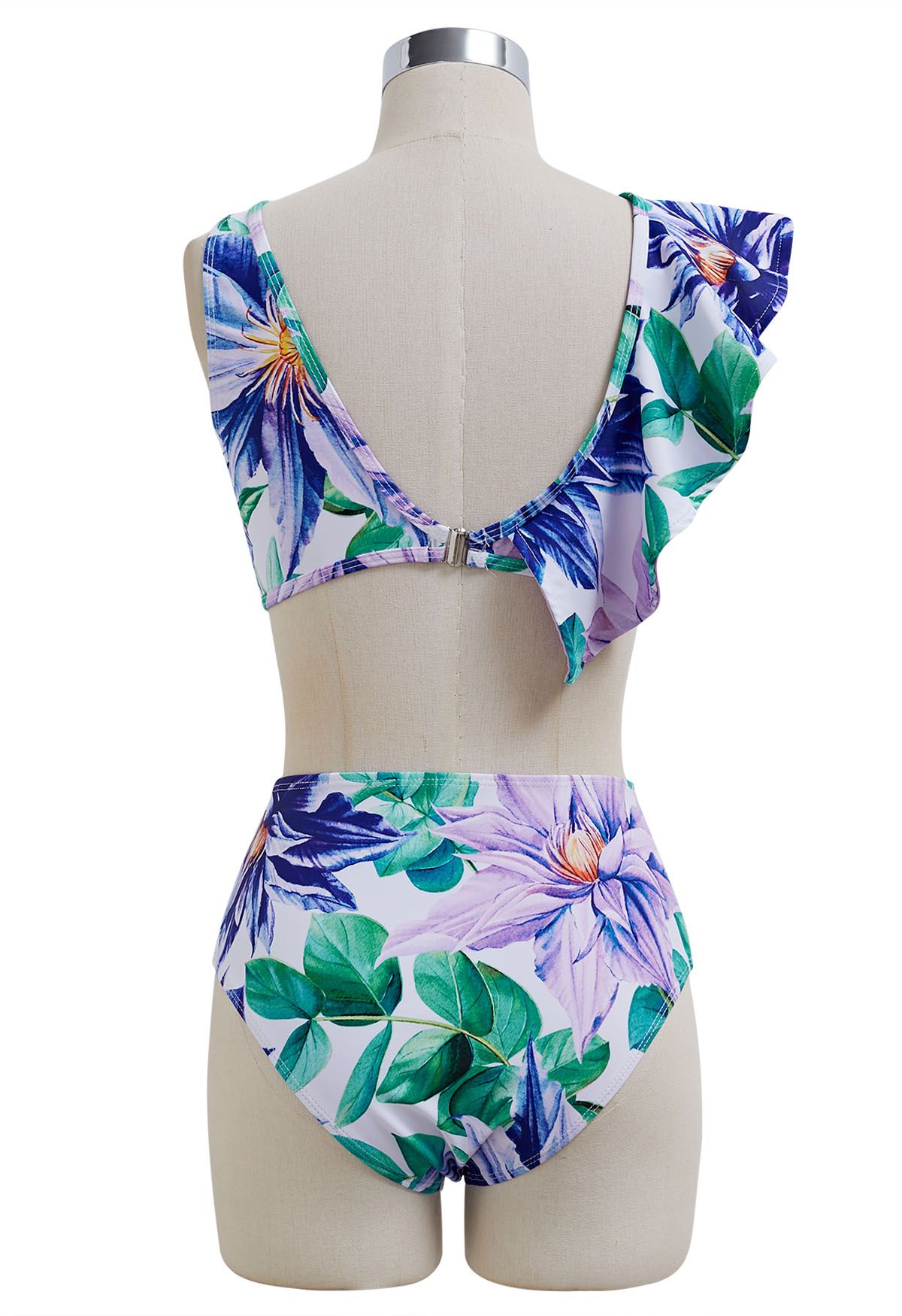 Conjunto de bikini con volantes y estampado floral morado