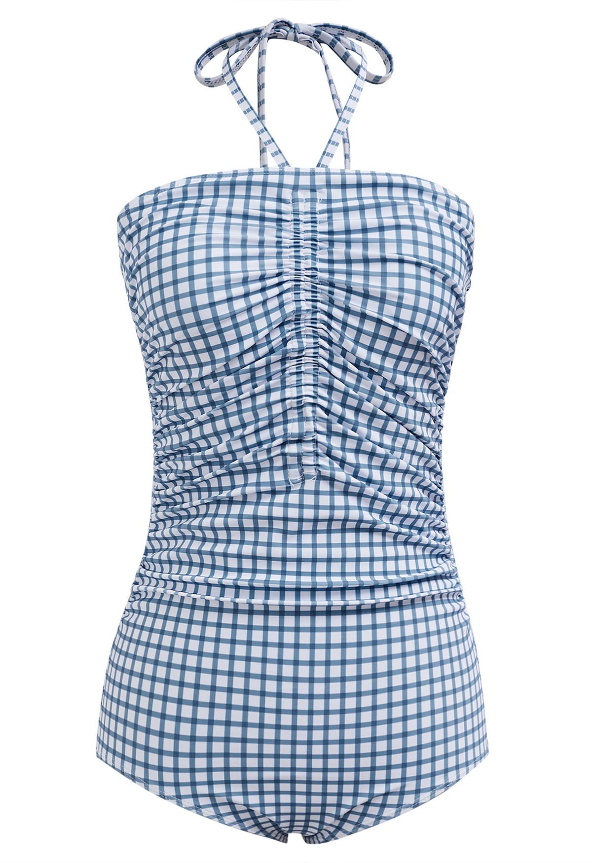 Traje de baño con cuello halter y cordón de cuadros vichy en azul