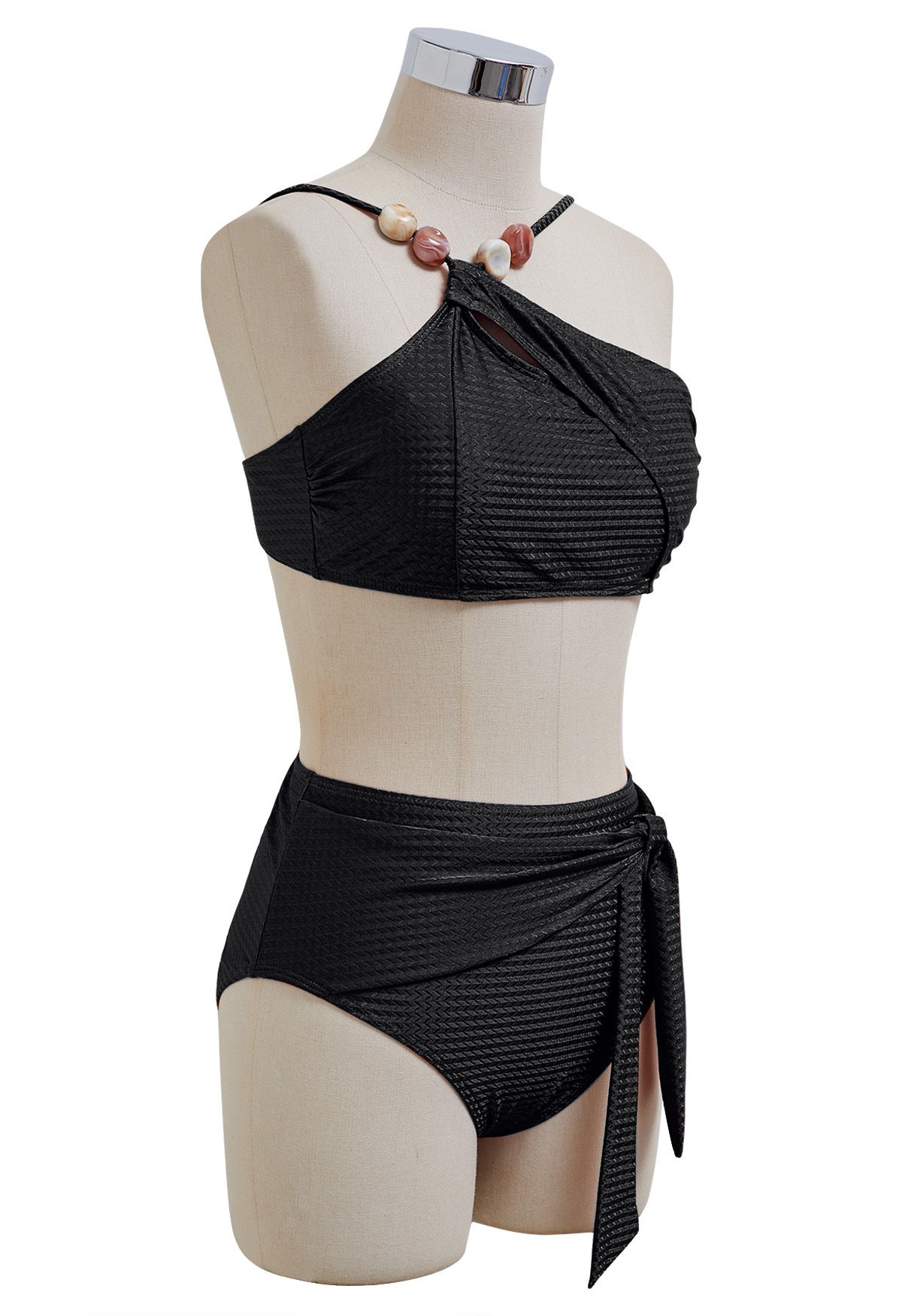 Conjunto de bikini con lazo y tirantes asimétricos con cuentas de resina en negro