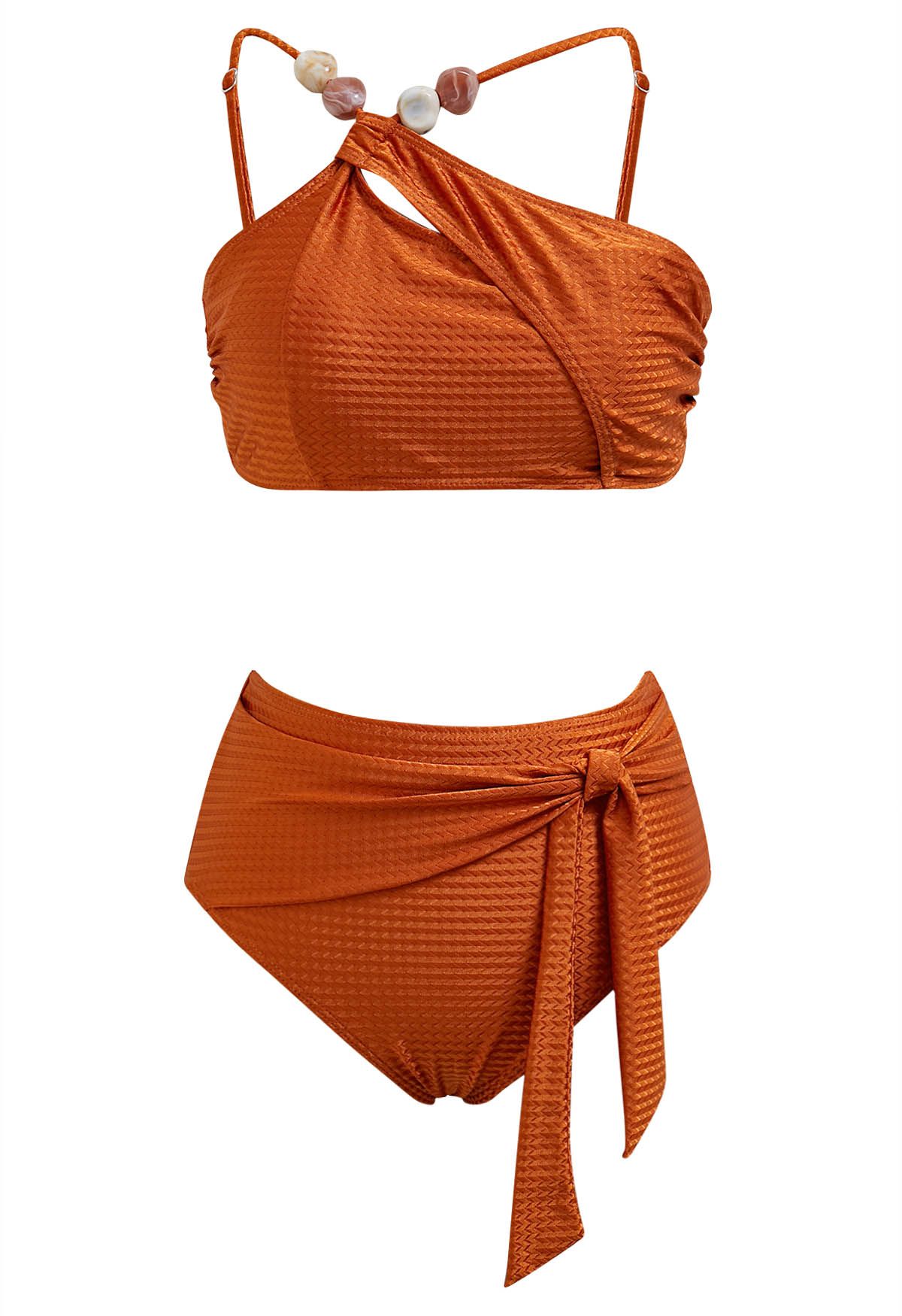 Conjunto de bikini con lazo y tirantes asimétricos con cuentas de resina en color caramelo