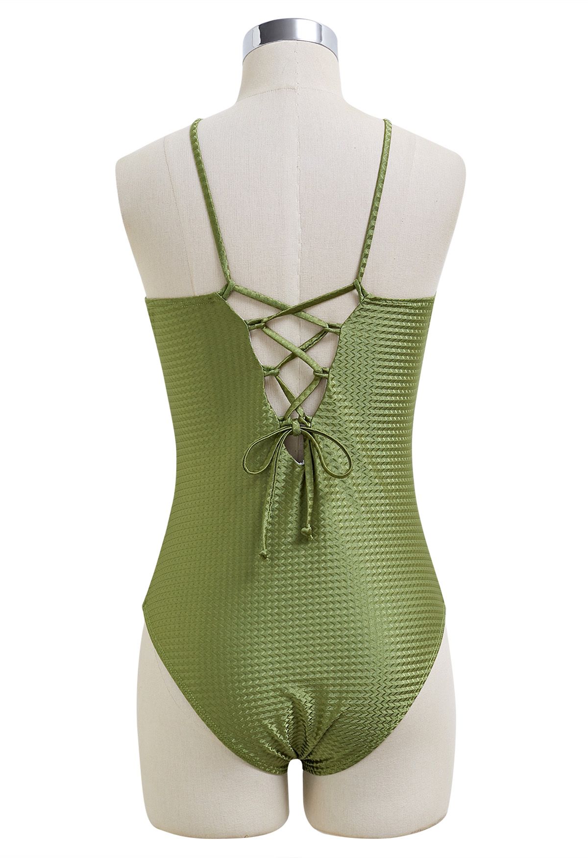 Traje de baño con textura de cuello halter y cuentas de resina en verde militar