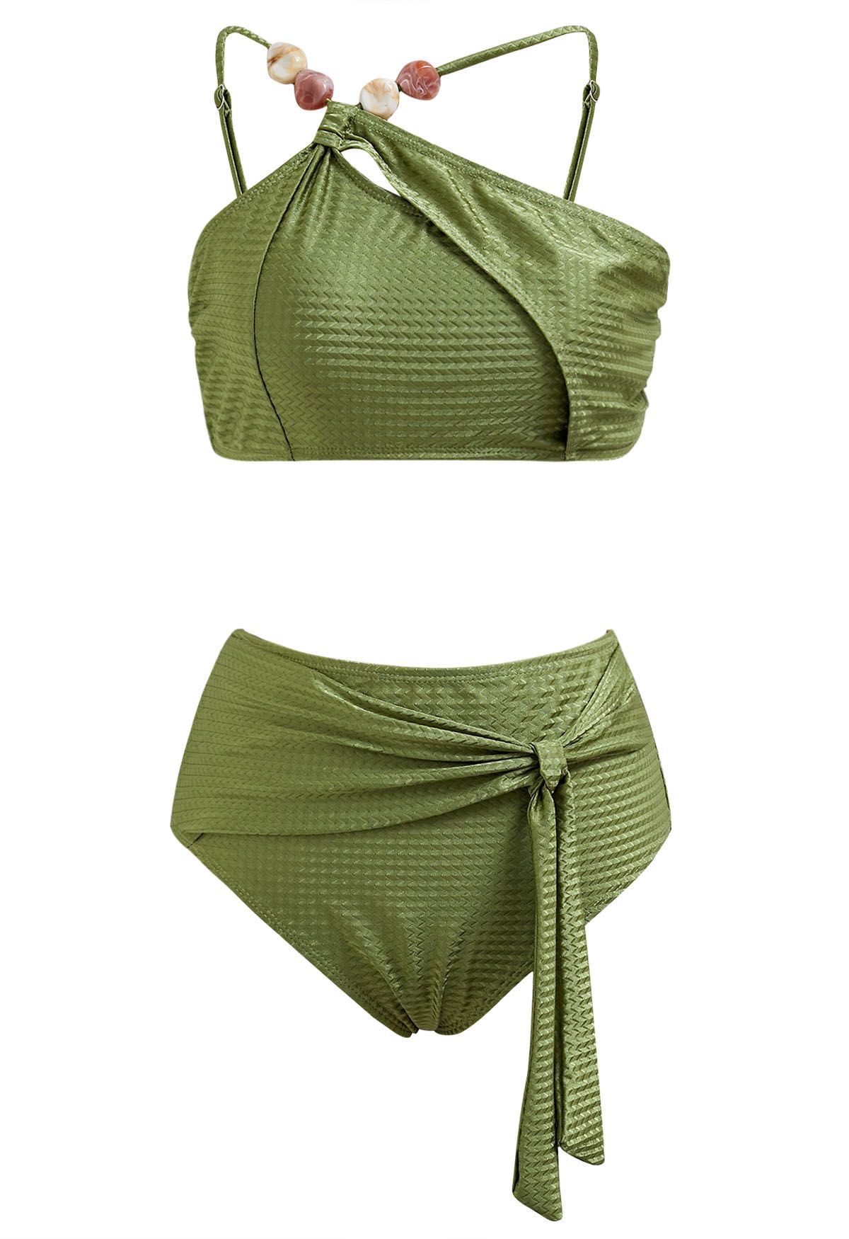 Conjunto de bikini con lazo y tirantes asimétricos con cuentas de resina en verde militar