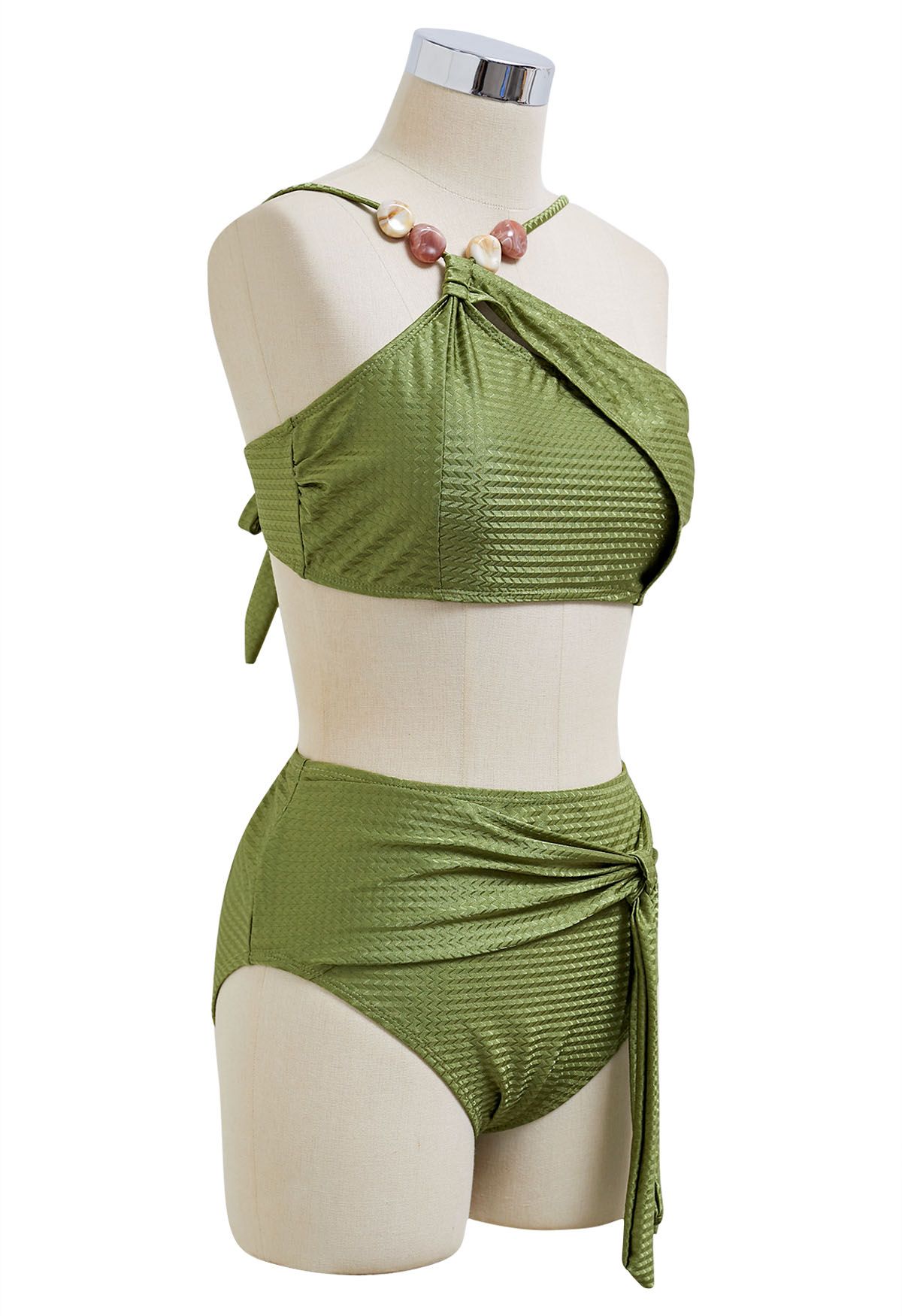 Conjunto de bikini con lazo y tirantes asimétricos con cuentas de resina en verde militar