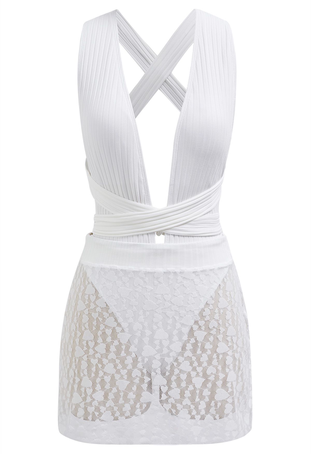 Conjunto de traje de baño anudado con textura de rayas y minifalda en blanco