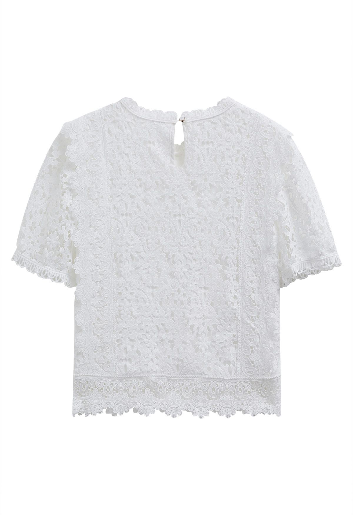 Top de manga corta con encaje de guipur floral en blanco