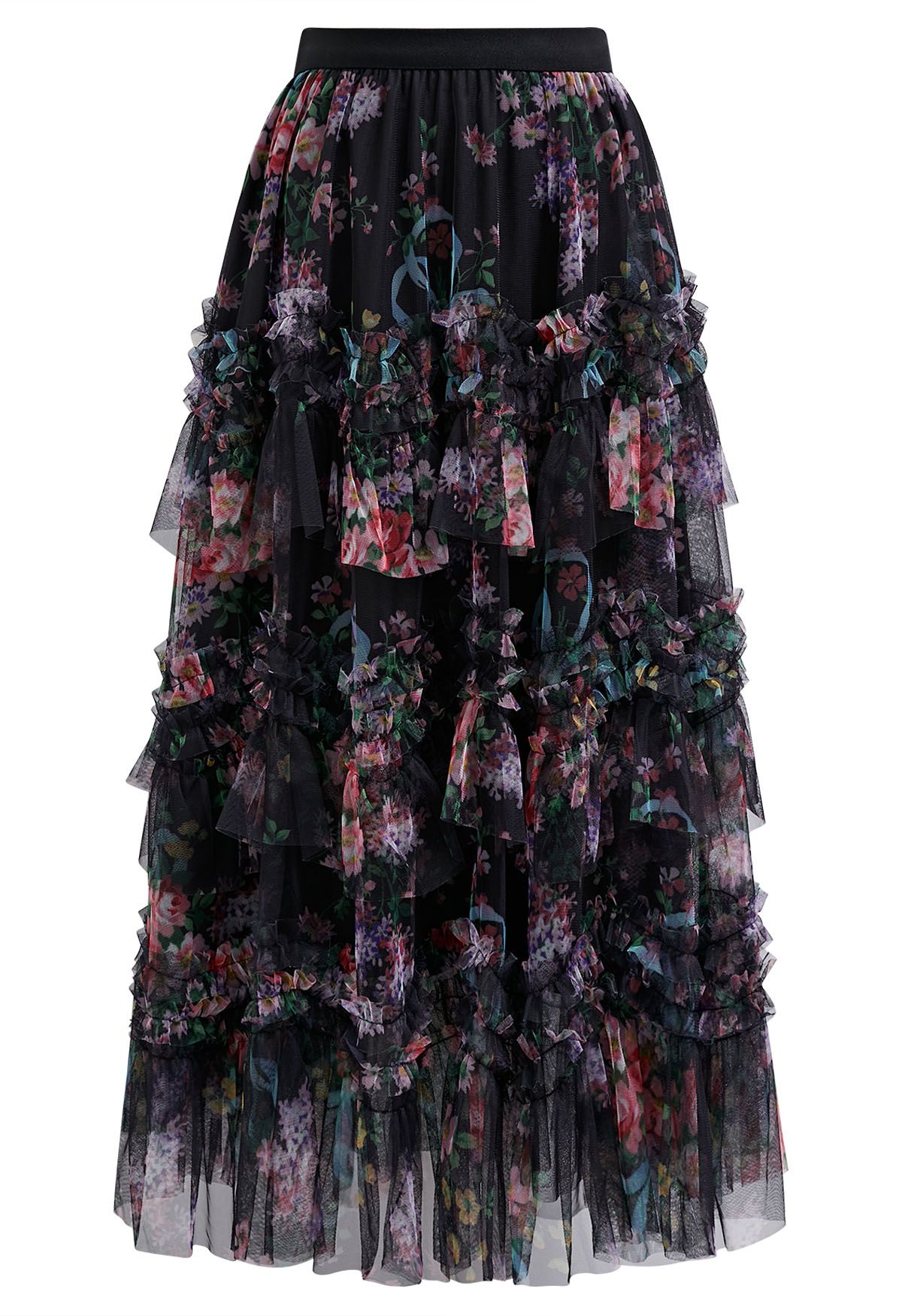 Falda midi de malla con volantes florales en negro de Fairy Dream