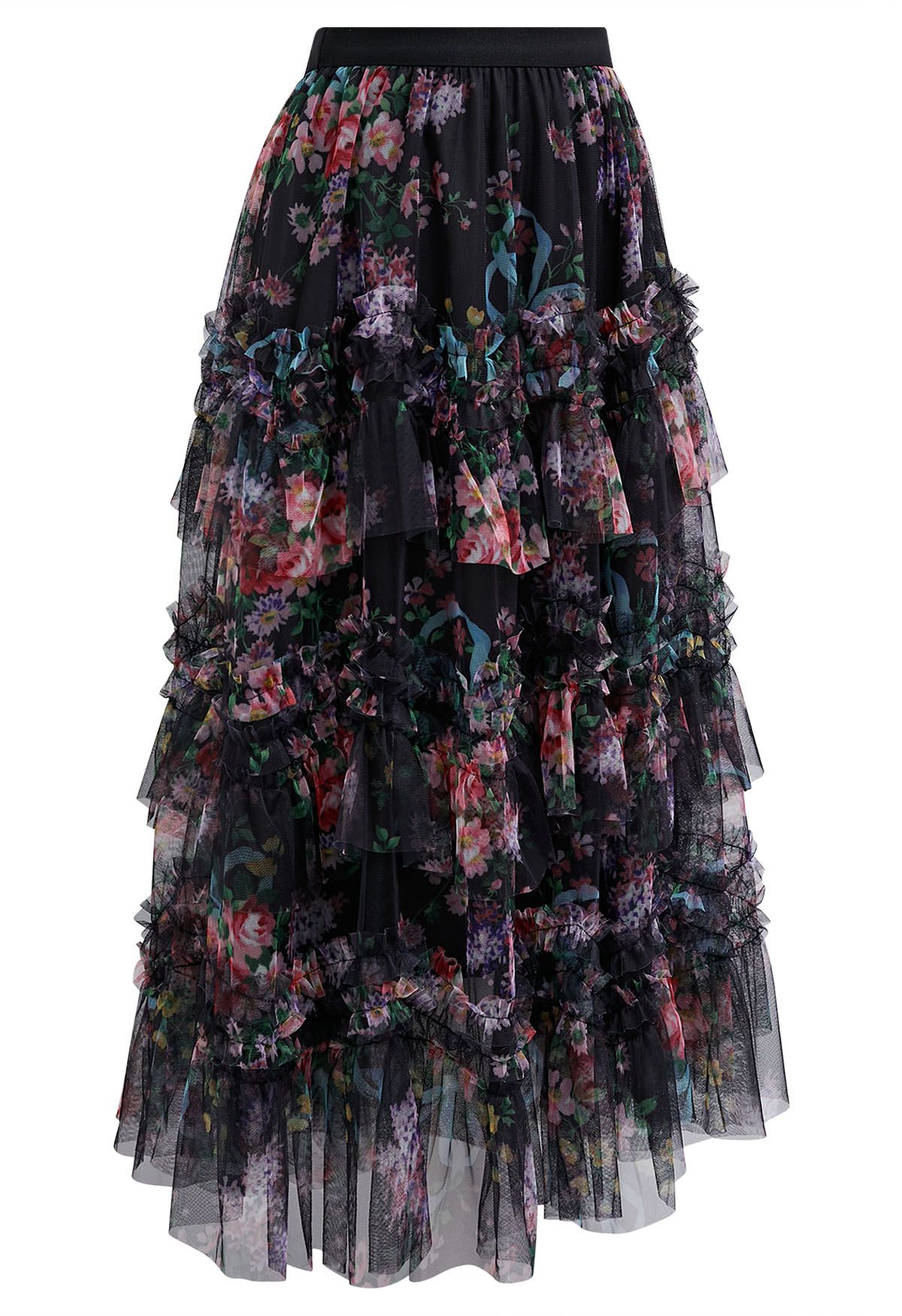 Falda midi de malla con volantes florales en negro de Fairy Dream