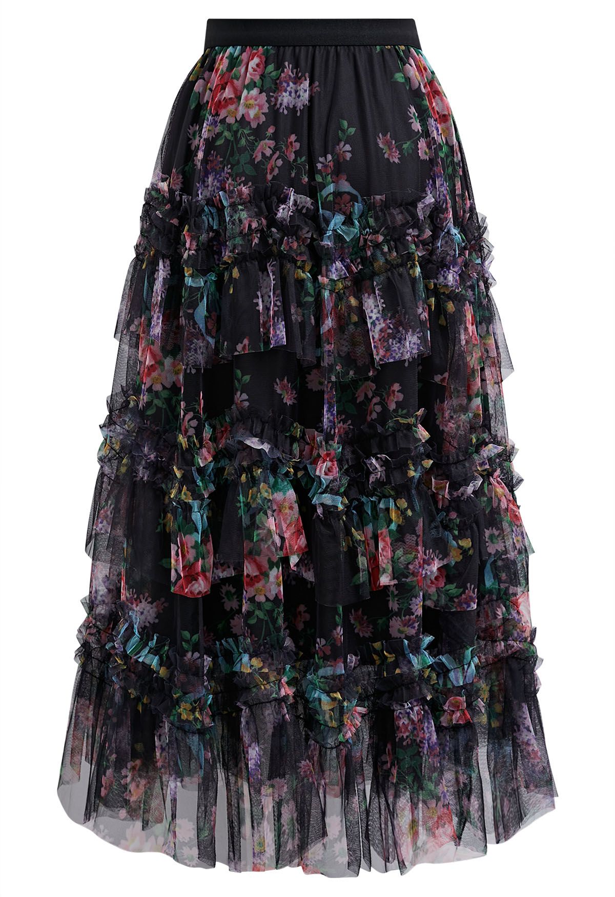 Falda midi de malla con volantes florales en negro de Fairy Dream