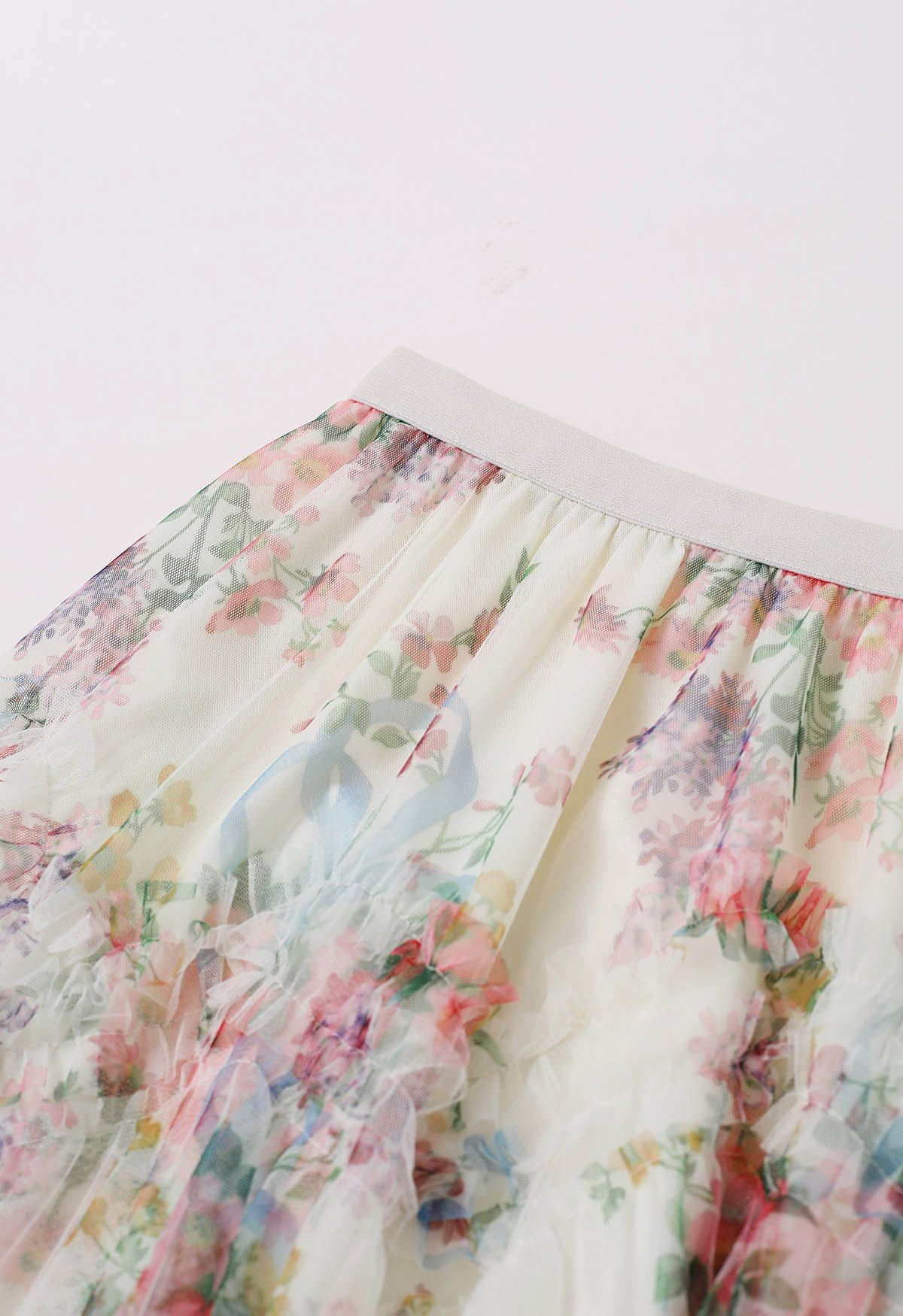 Falda midi de malla con volantes y flores en blanco de Fairy Dream