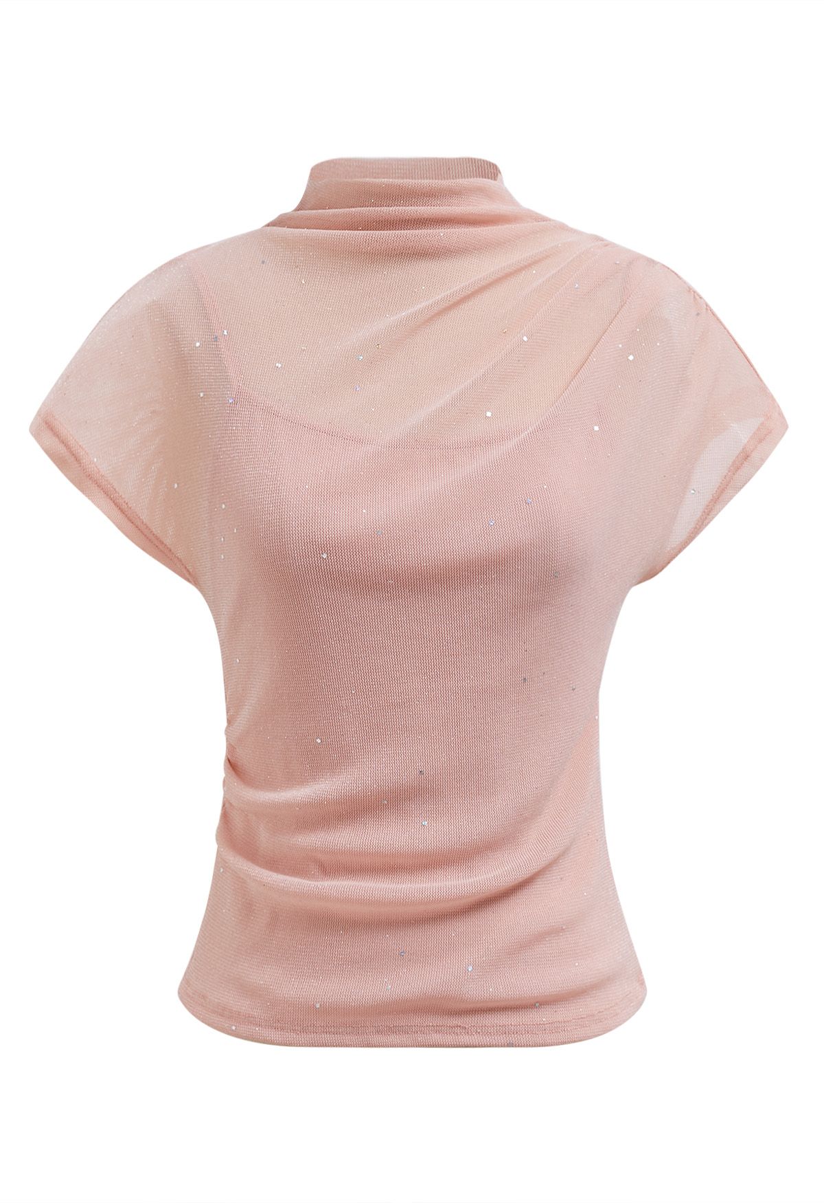 Top de malla con cuello simulado brillante en rosa