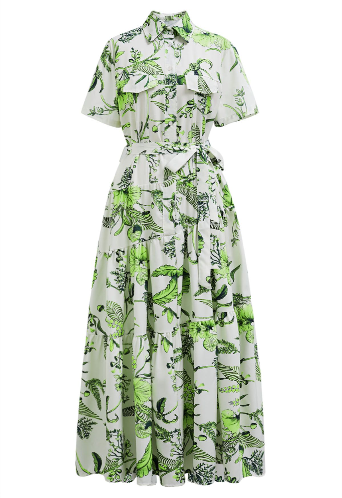 Vestido camisero de manga corta con estampado de hojas de palmeras tropicales verdes