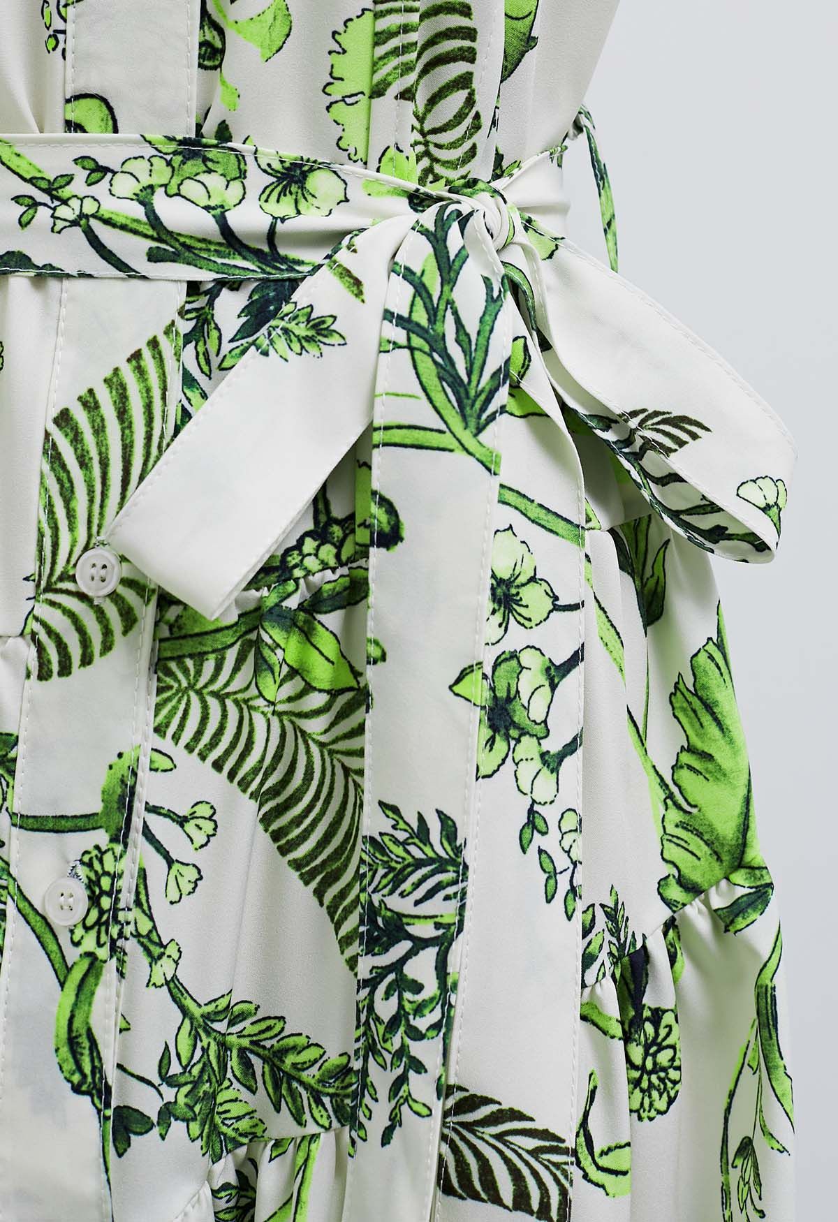 Vestido camisero de manga corta con estampado de hojas de palmeras tropicales verdes