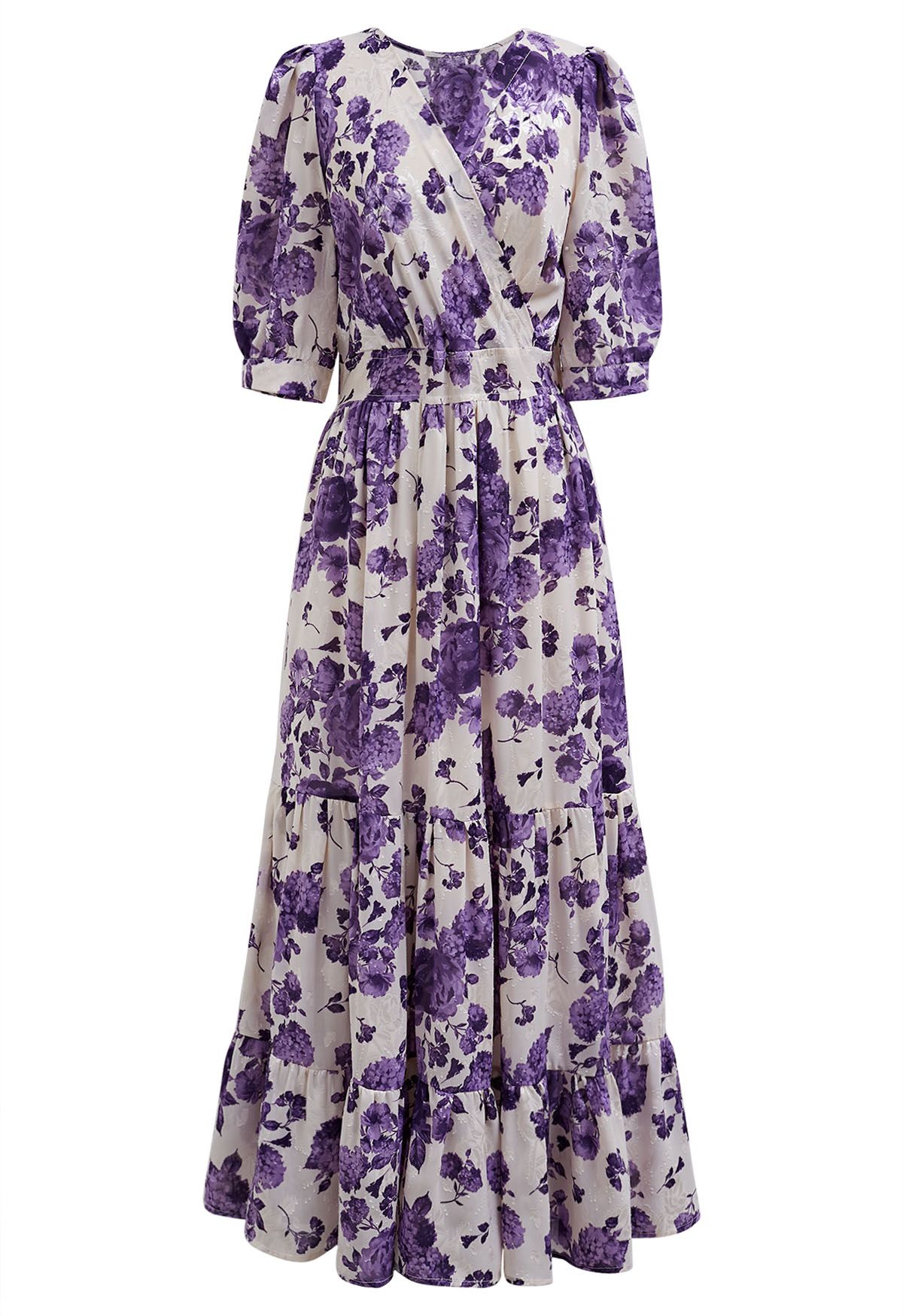 Vestido cruzado con volantes de jacquard floral morado