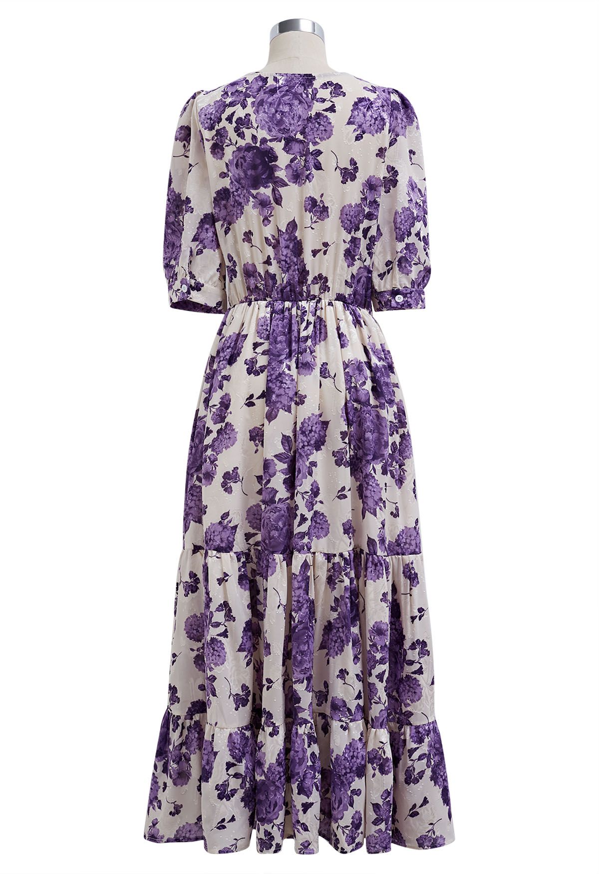 Vestido cruzado con volantes de jacquard floral morado