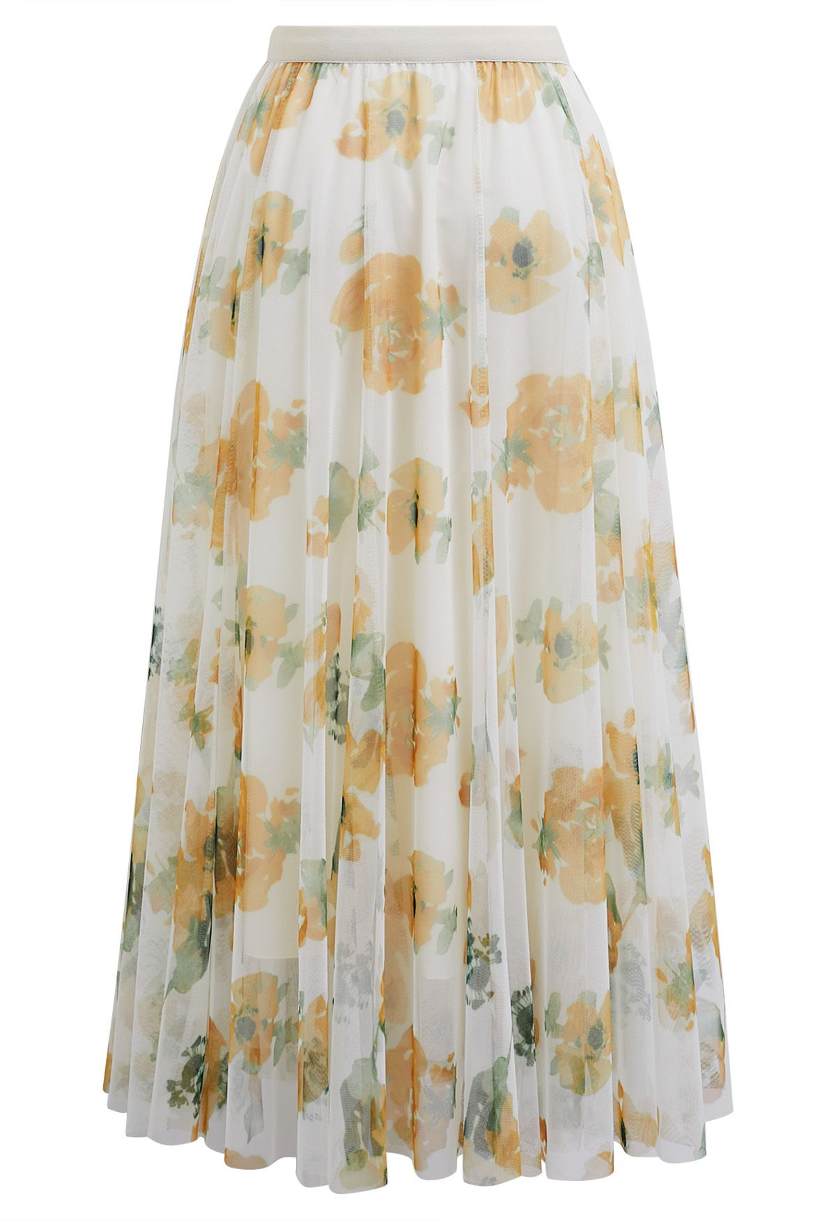 Falda midi de tul de malla floral acuarela en amarillo claro