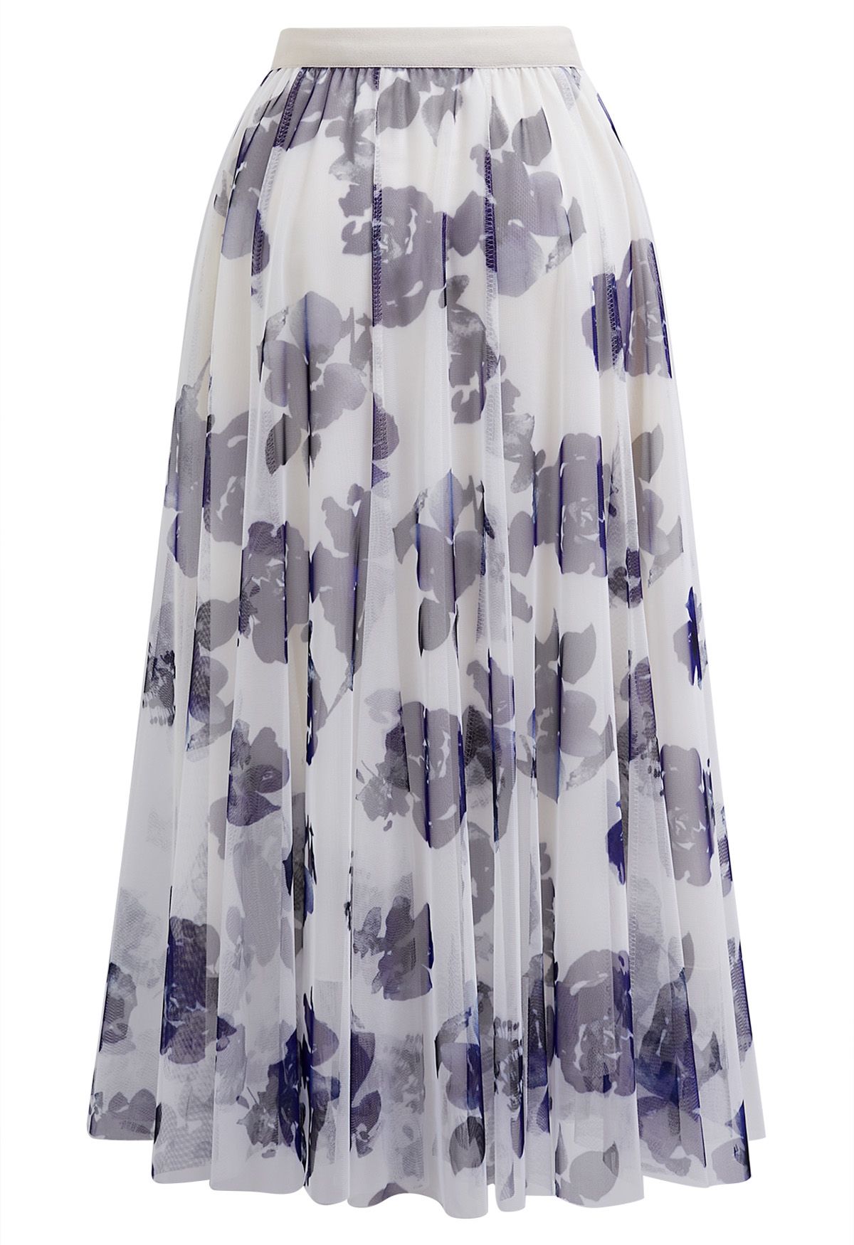 Falda midi de tul de malla floral acuarela en morado