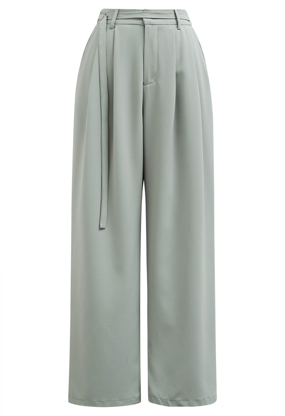 Pantalones palazzo plisados con cintura con cinturón en verde guisante