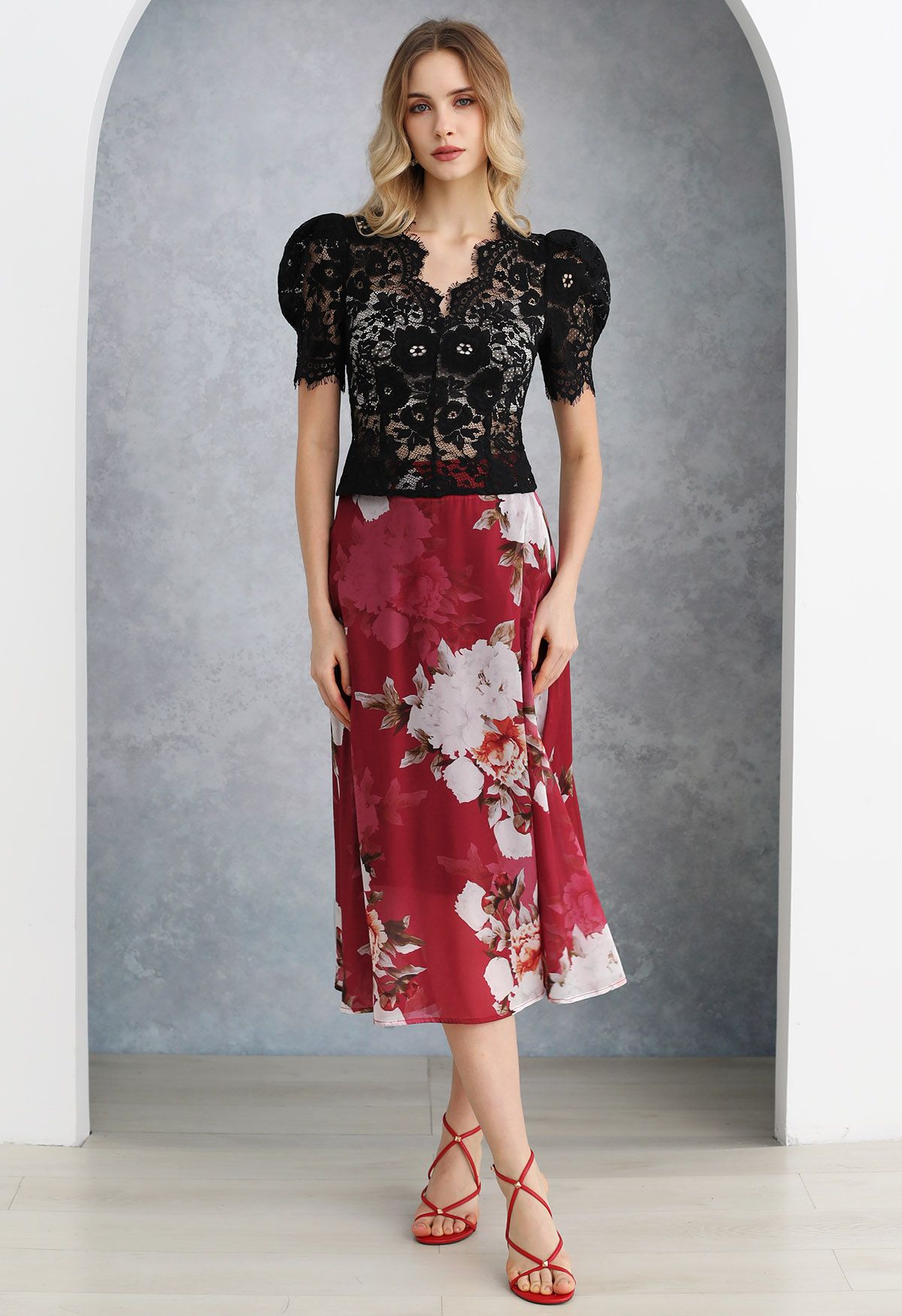 Falda midi de vuelo de organza suave Bright Peony