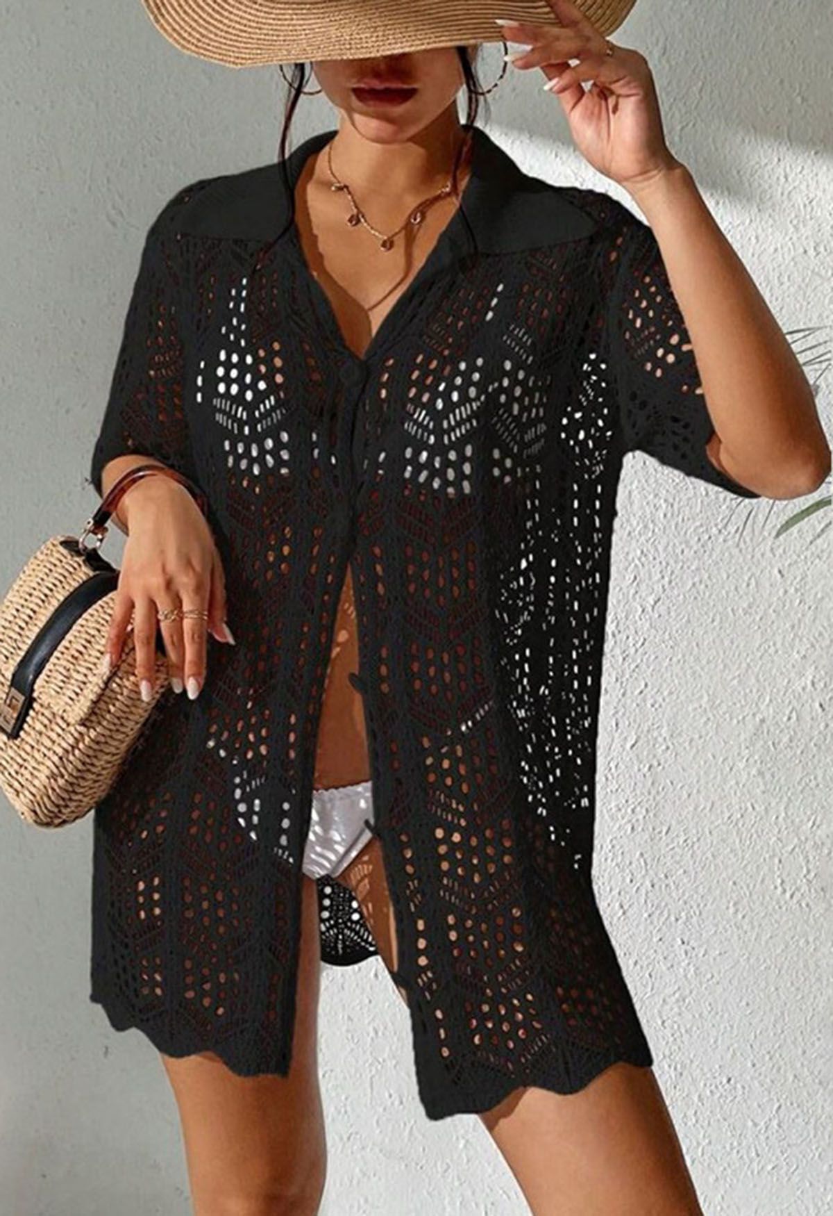 Pareo con botones de crochet Boho Beach en negro