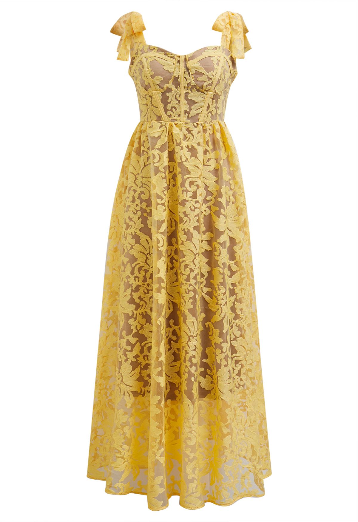 Vestido camisola de organza floral bordado amarillo