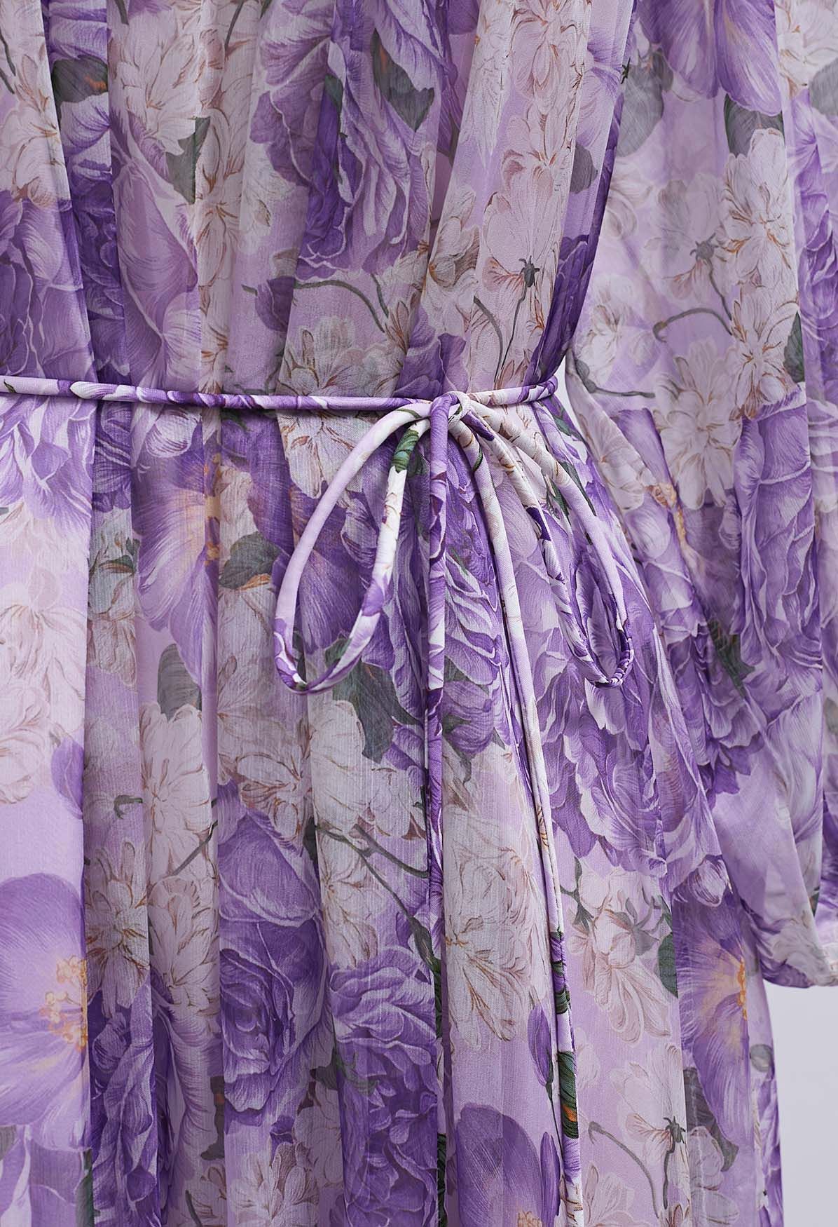 Vestido Dolly con mangas abullonadas y estampado floral gasa en morado