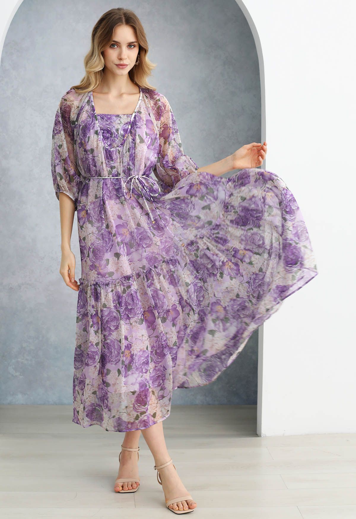 Vestido Dolly con mangas abullonadas y estampado floral gasa en morado