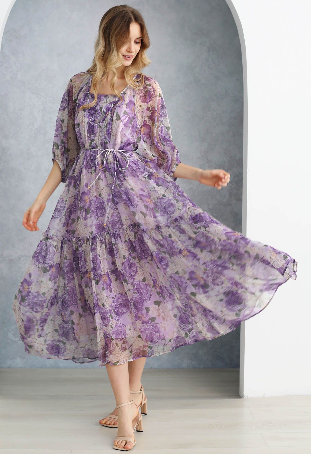 Vestido Dolly con mangas abullonadas y estampado floral gasa en morado