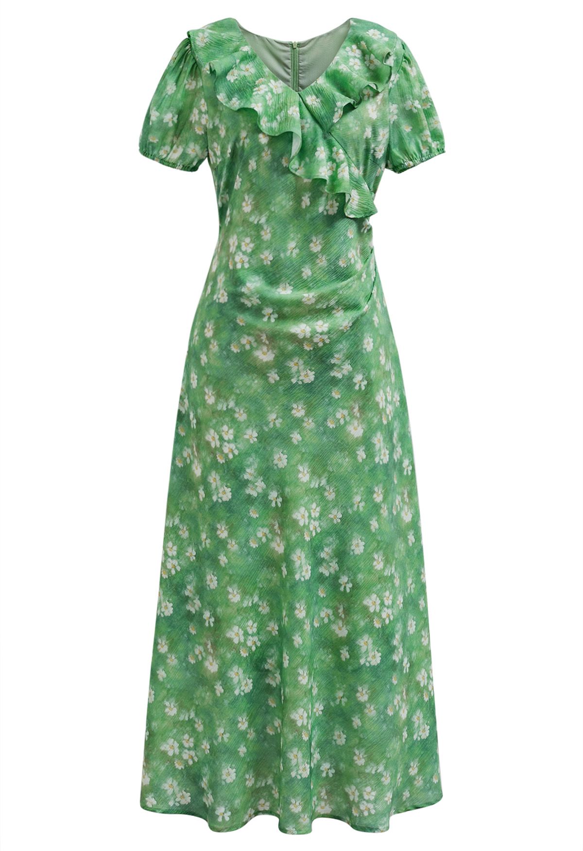 Vestido largo con ribete de volantes y estampado de margaritas en verde