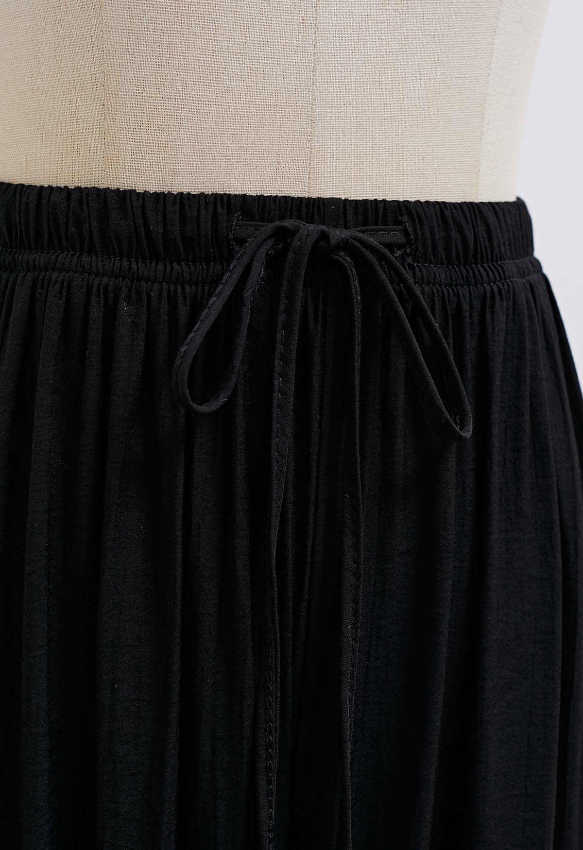 Pantalones ligeros de algodón con cordón en negro