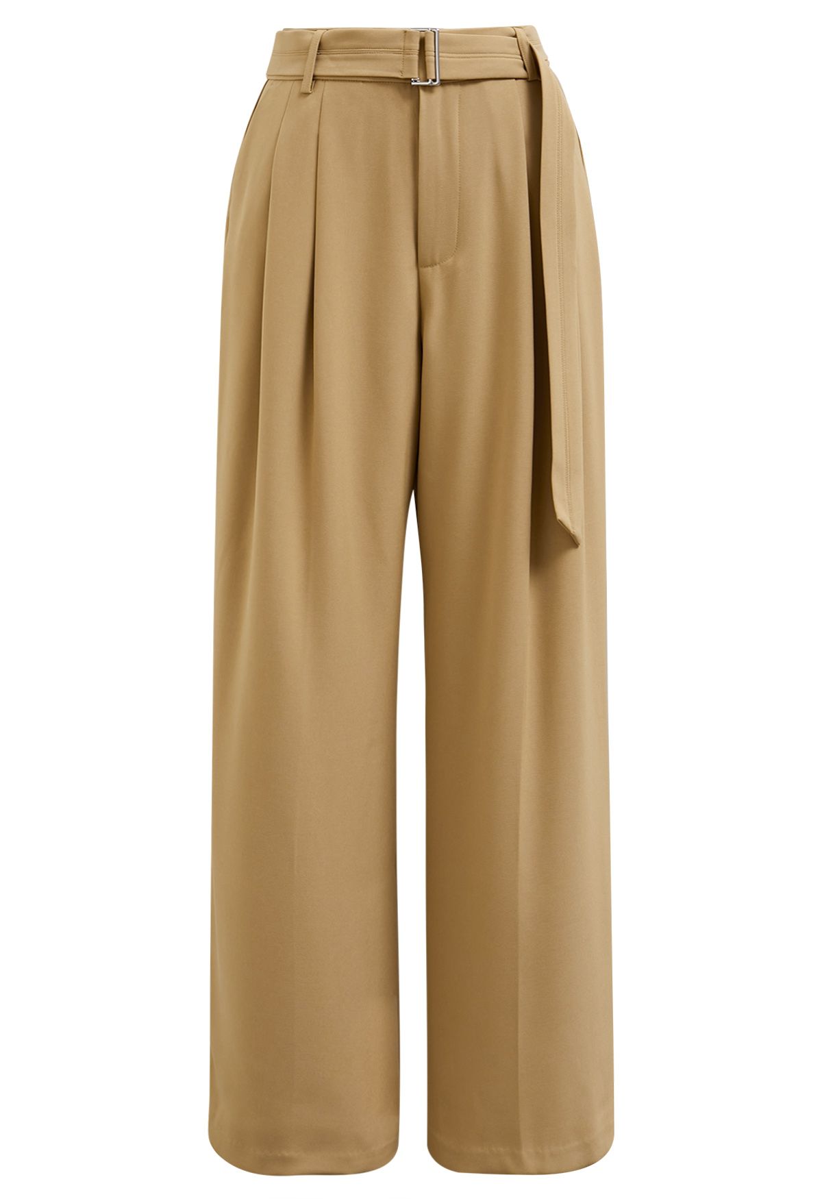 Pantalones plisados con cinturón y bolsillo lateral en camel