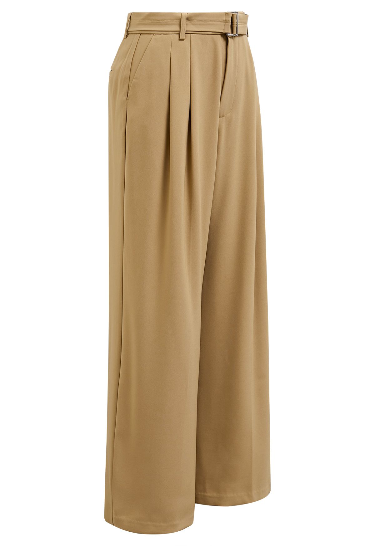 Pantalones plisados con cinturón y bolsillo lateral en camel