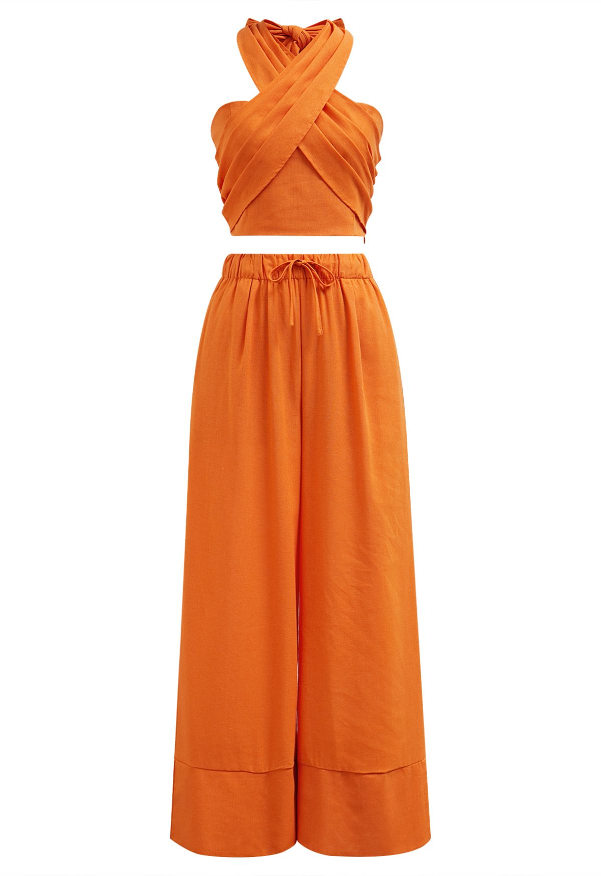 Top corto plisado con cuello halter cruzado en naranja