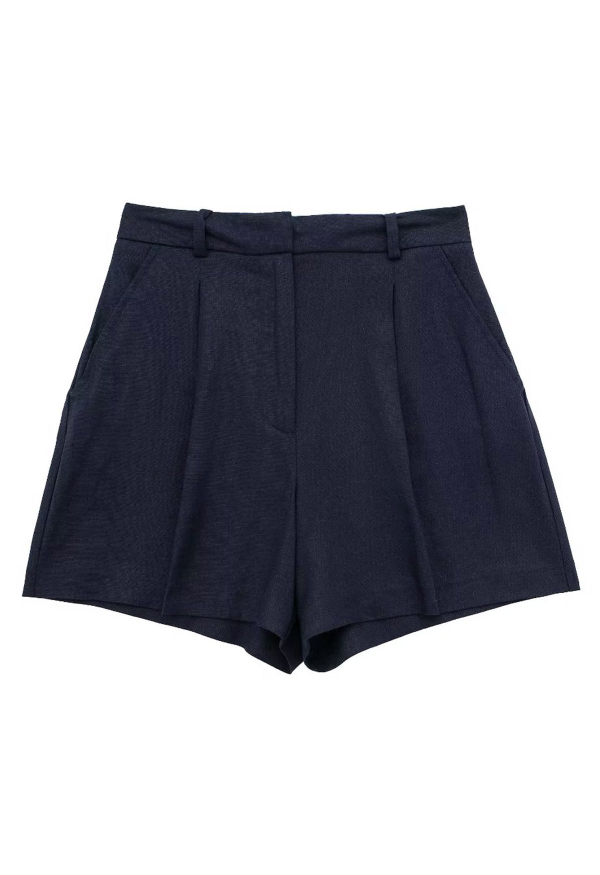 Shorts plisados de mezcla de lino con bolsillo lateral en azul marino