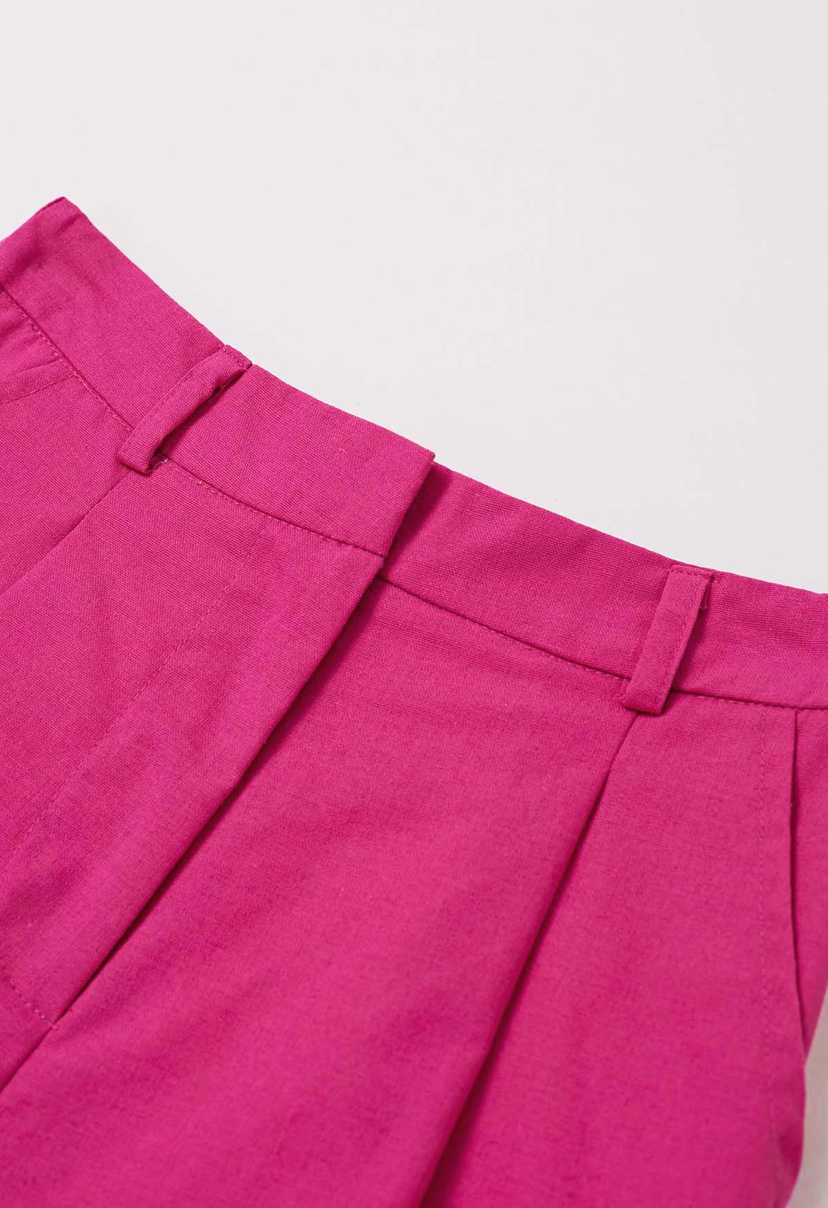 Pantalones cortos plisados en mezcla de lino con bolsillo lateral en rosa fuerte