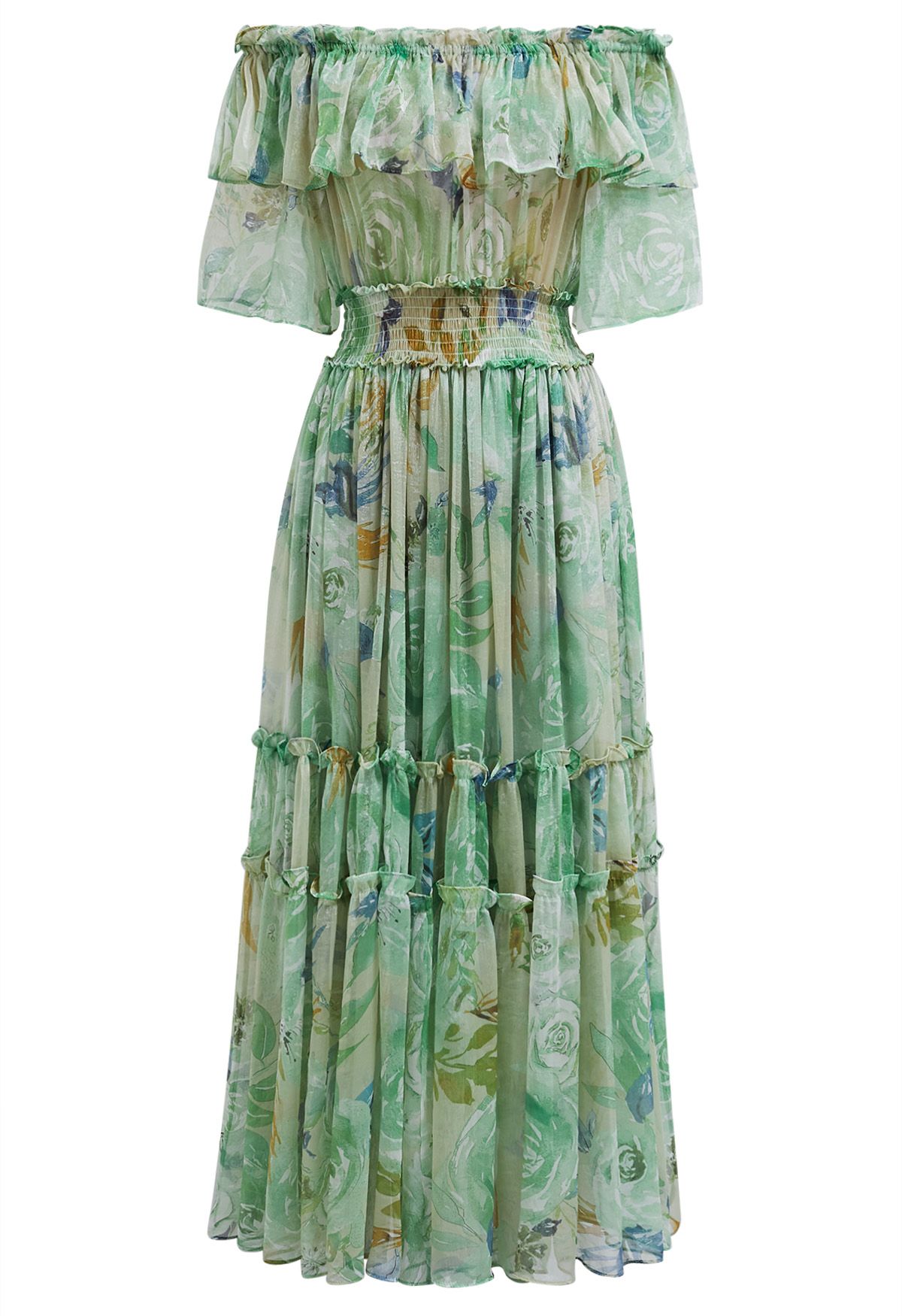 Vestido de gasa con volantes y hombros descubiertos florales en verde de Summer Days