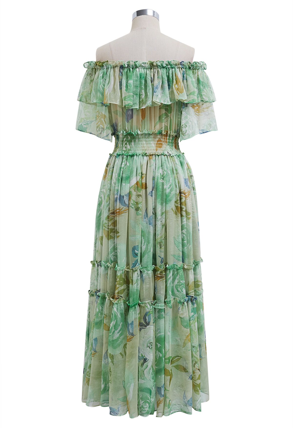 Vestido de gasa con volantes y hombros descubiertos florales en verde de Summer Days