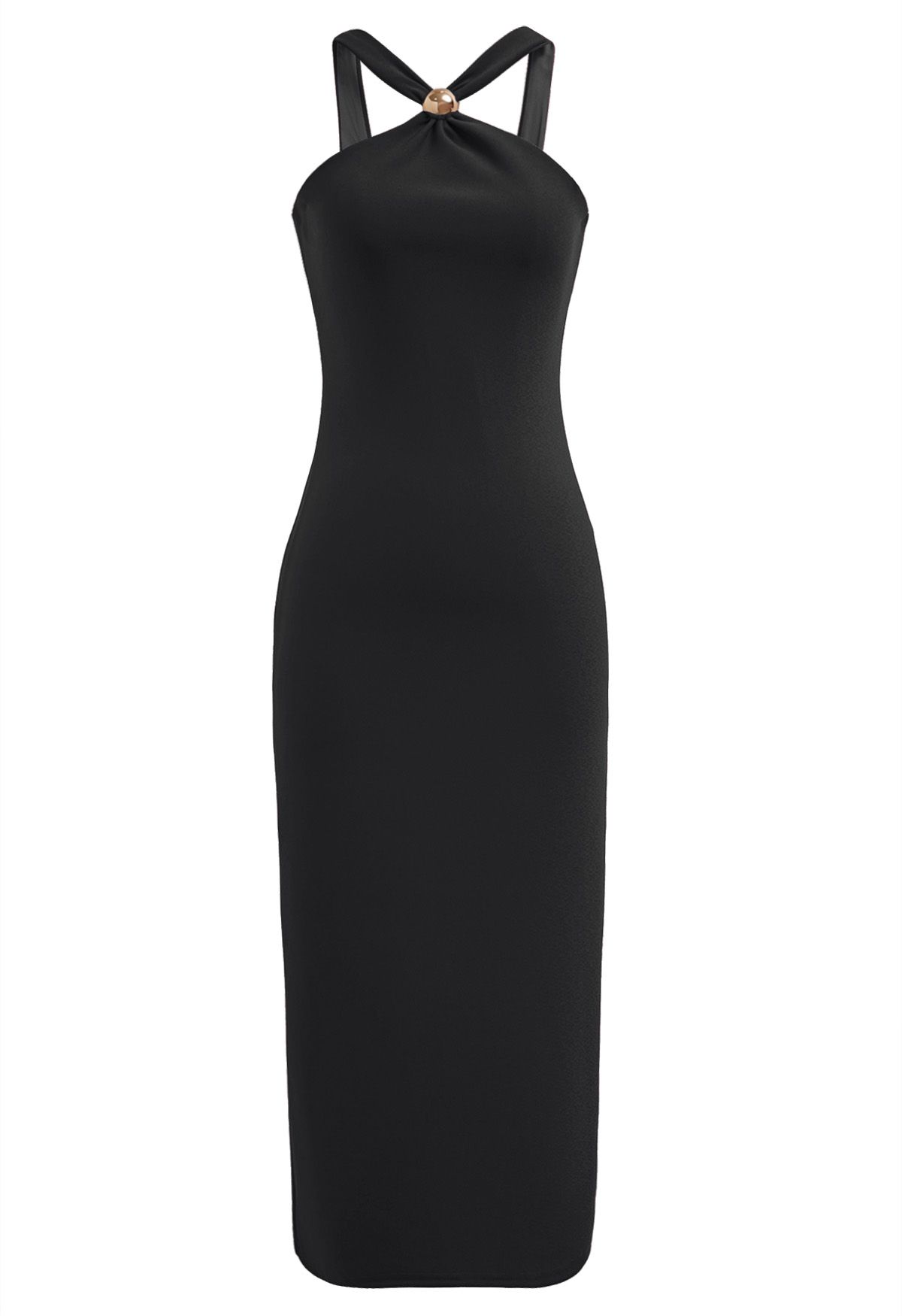 Vestido tubo con cuello halter y ribete de cuentas doradas en negro