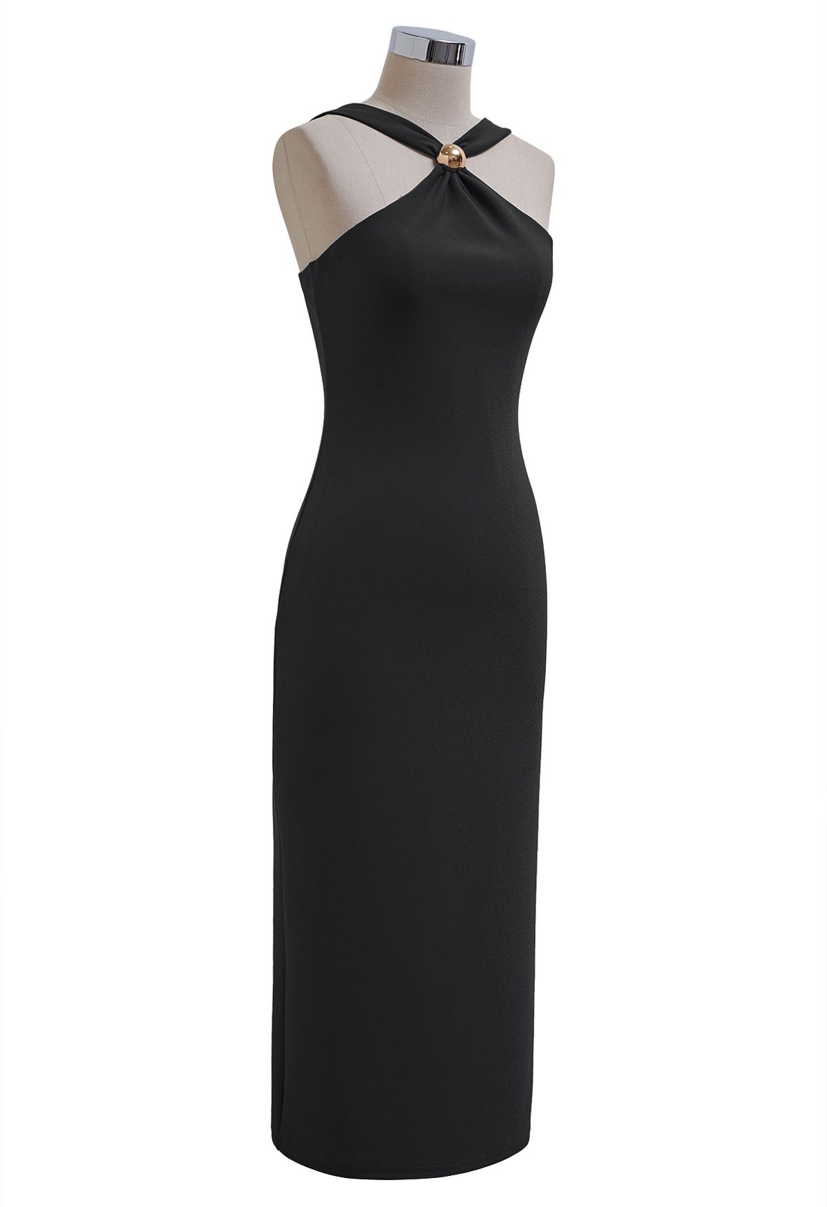 Vestido tubo con cuello halter y ribete de cuentas doradas en negro