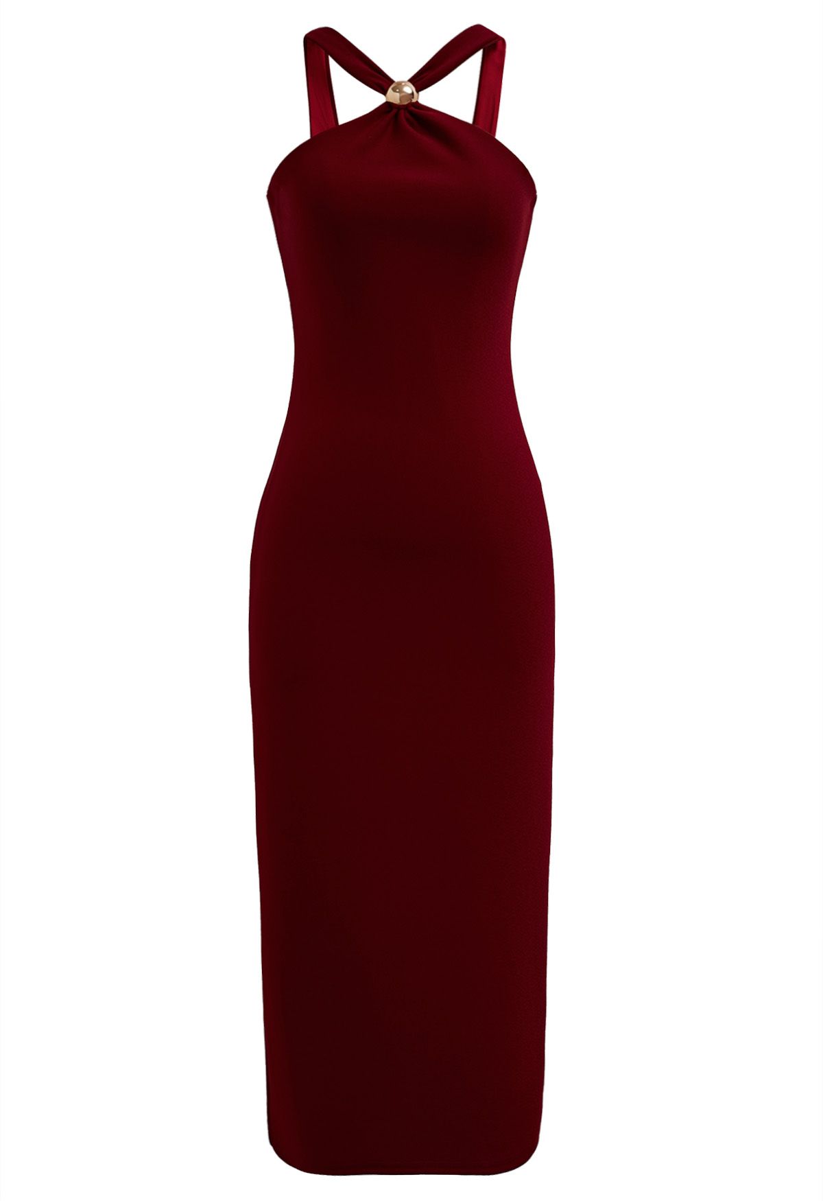 Vestido tubo con cuello halter y ribete de cuentas doradas en rojo