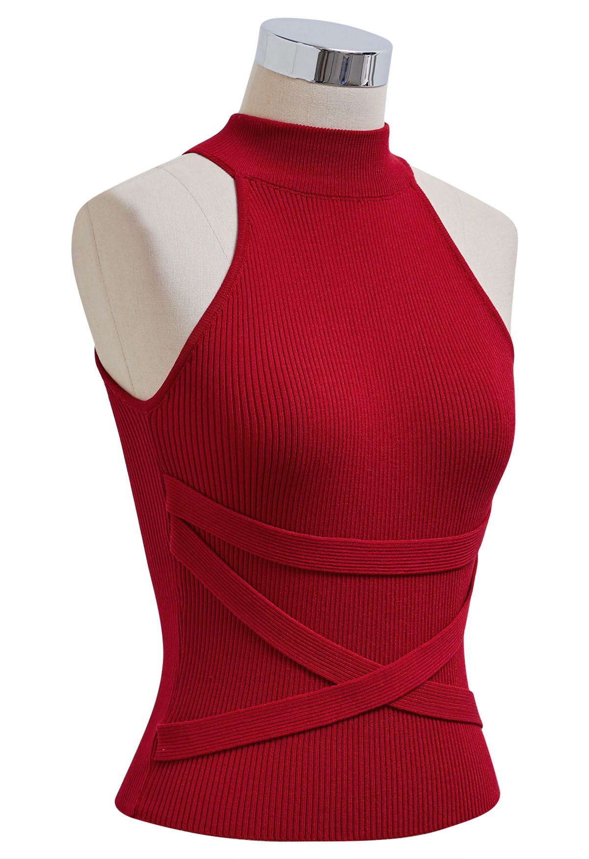 Top de punto halter sin mangas con cinta cruzada en rojo