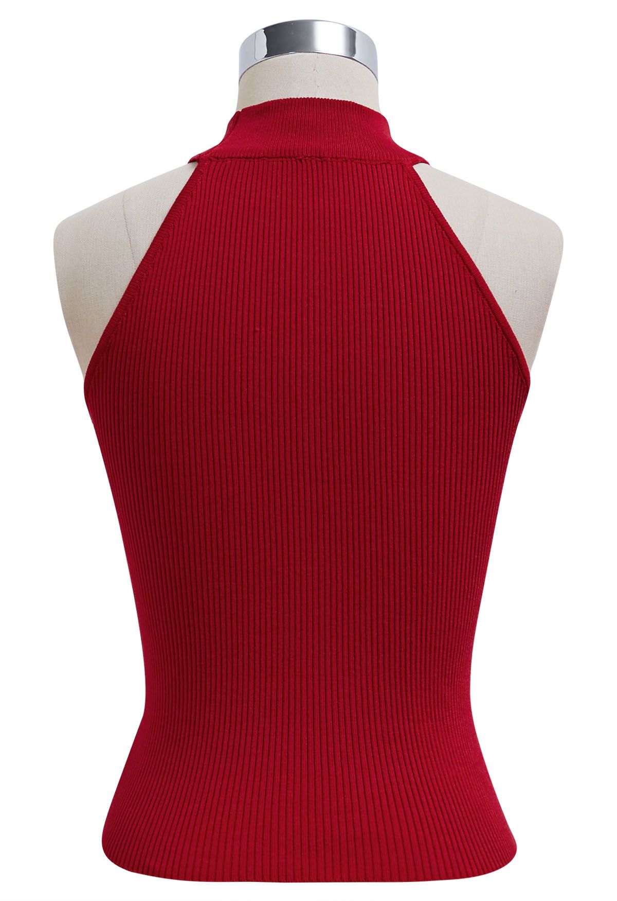 Top de punto halter sin mangas con cinta cruzada en rojo