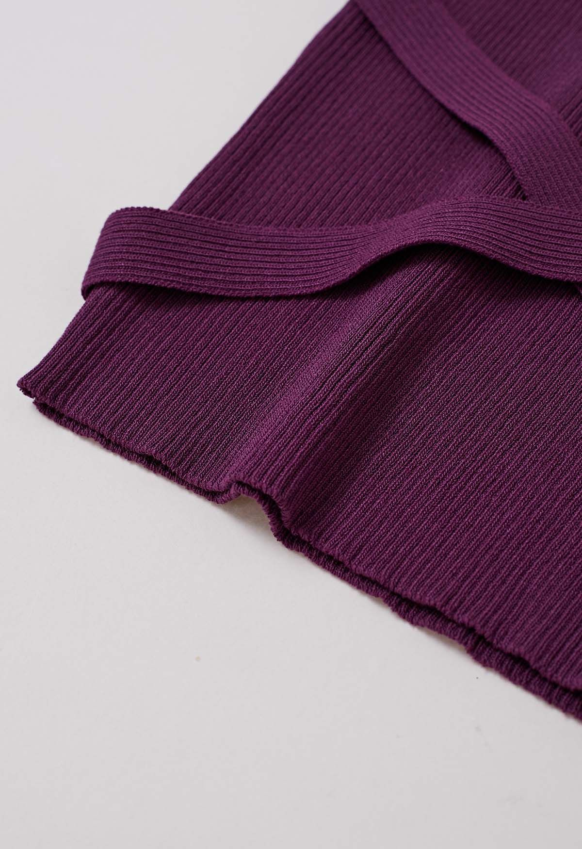 Top de punto halter sin mangas con cinta cruzada en color morado