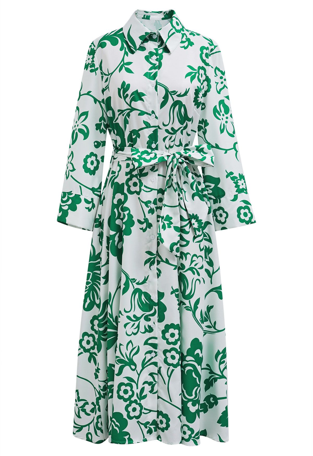 Vestido camisero midi con botones y estampado floral verde