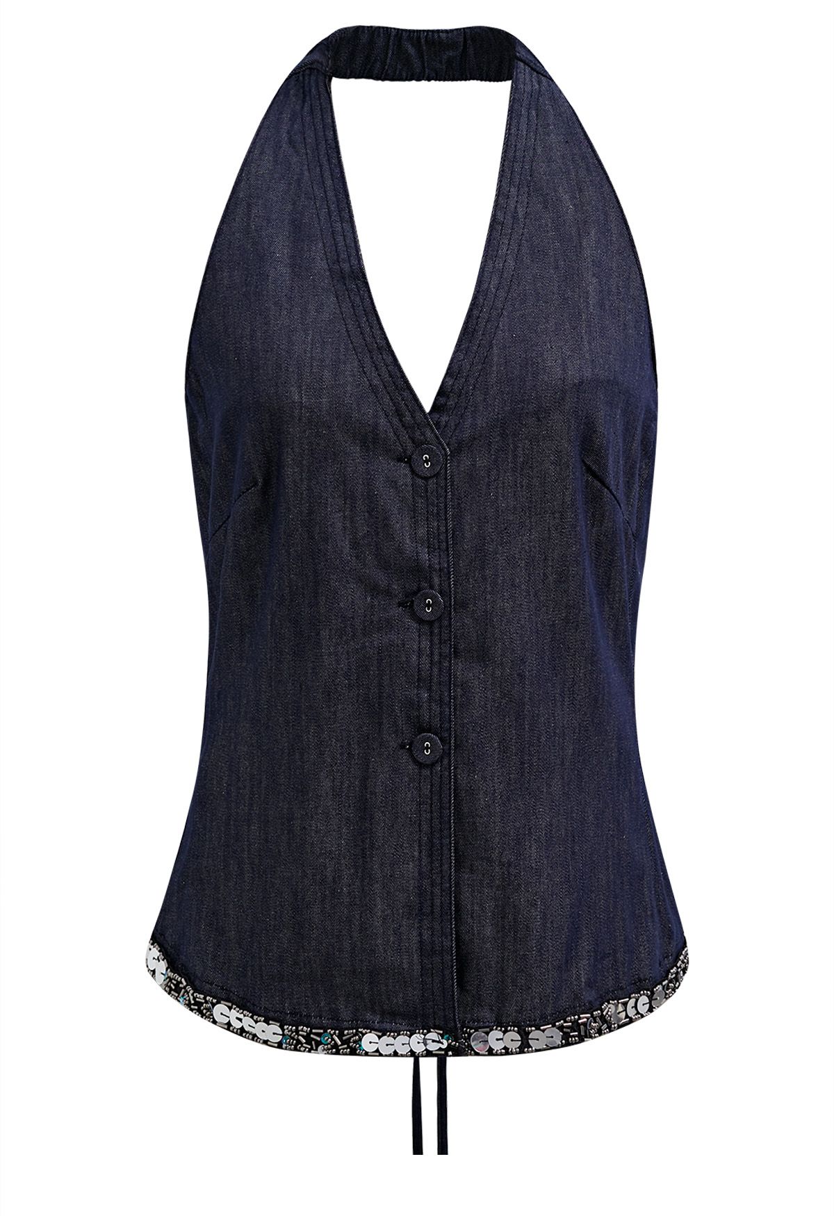 Top halter denim con botones y bajo con lentejuelas