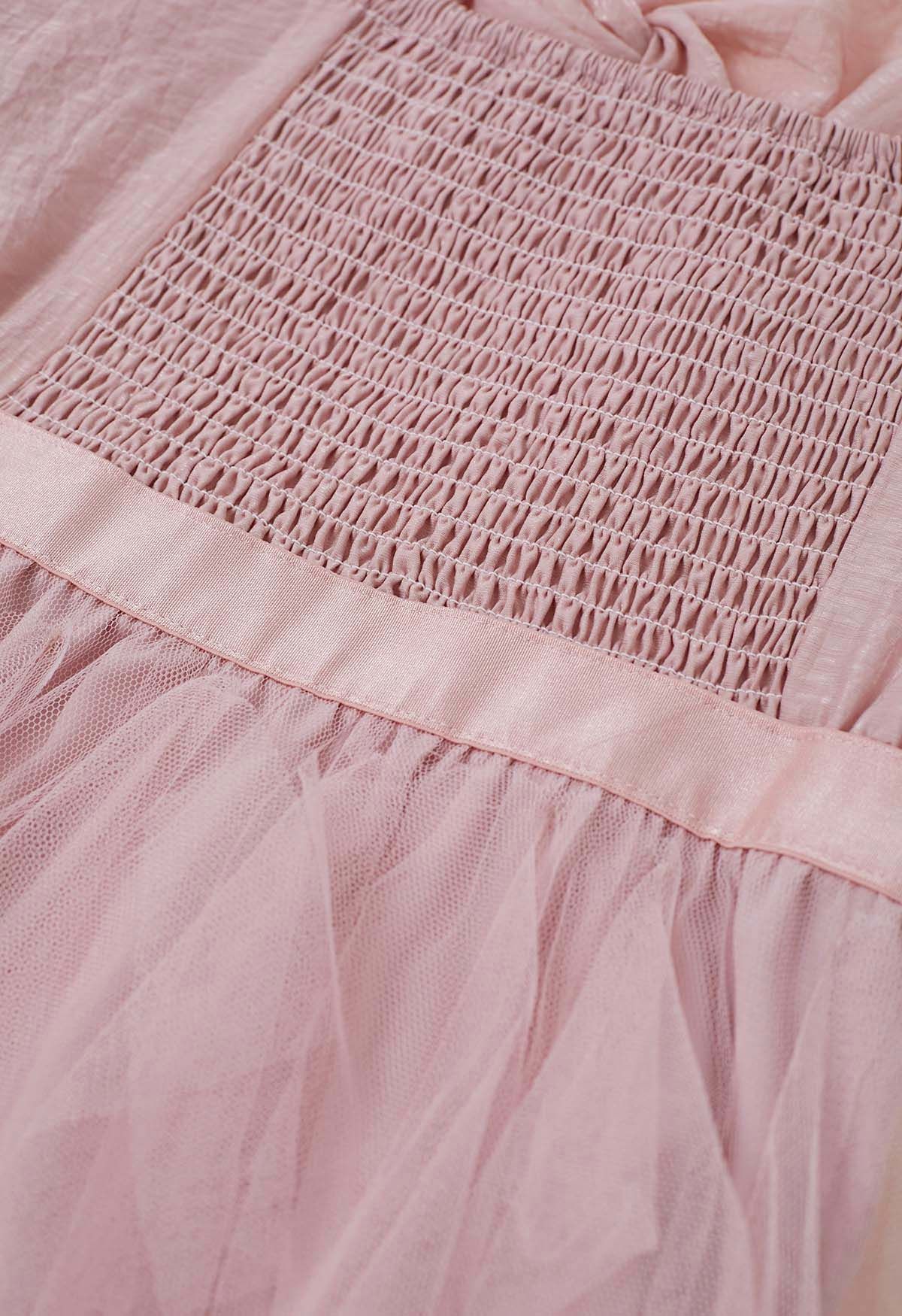 Vestido camisero de tul y malla con detalle torcido en rosa